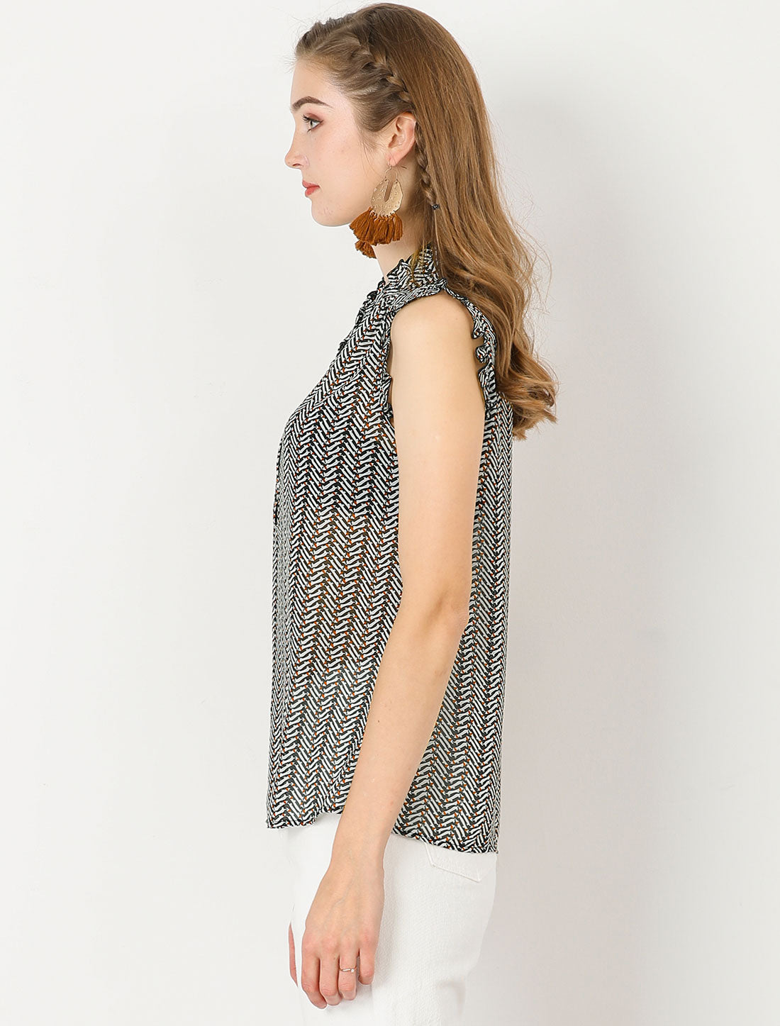 Blusa sin mangas con volantes y botones con estampado de verano para mujer
