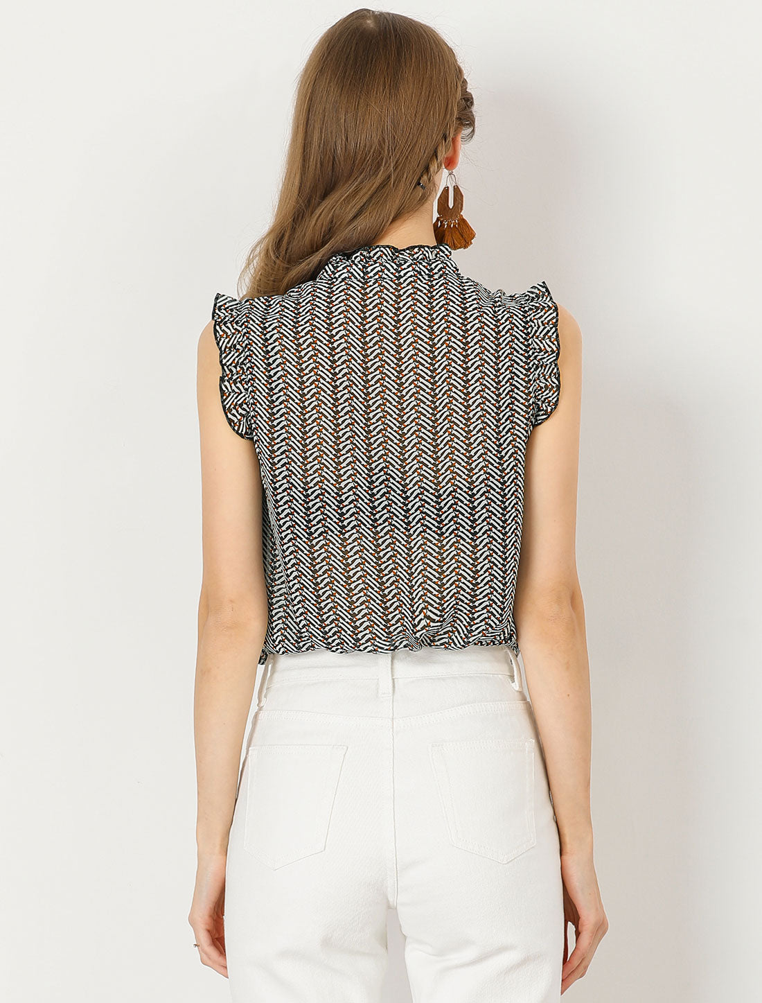 Blusa sin mangas con volantes y botones con estampado de verano para mujer