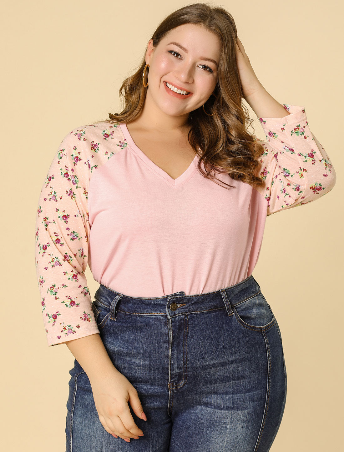 Women's Plus Size Top Casual V Neck 3/4 Sleeve Floral Raglan Top T-Shirt
