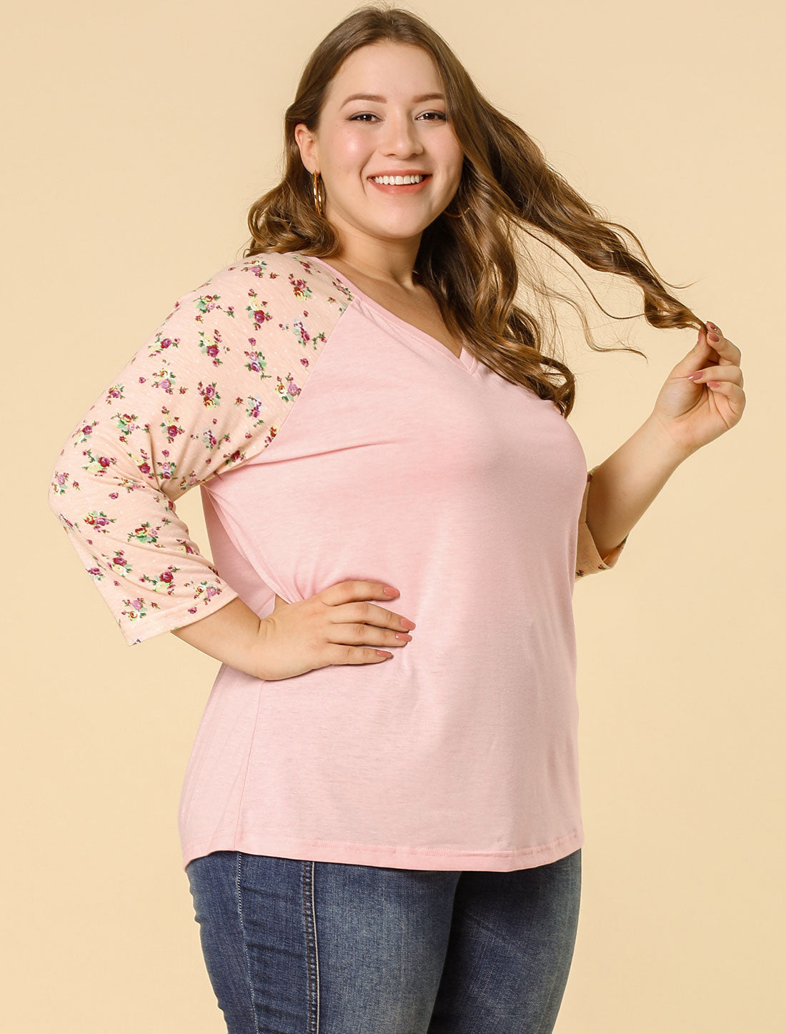 Women's Plus Size Top Casual V Neck 3/4 Sleeve Floral Raglan Top T-Shirt