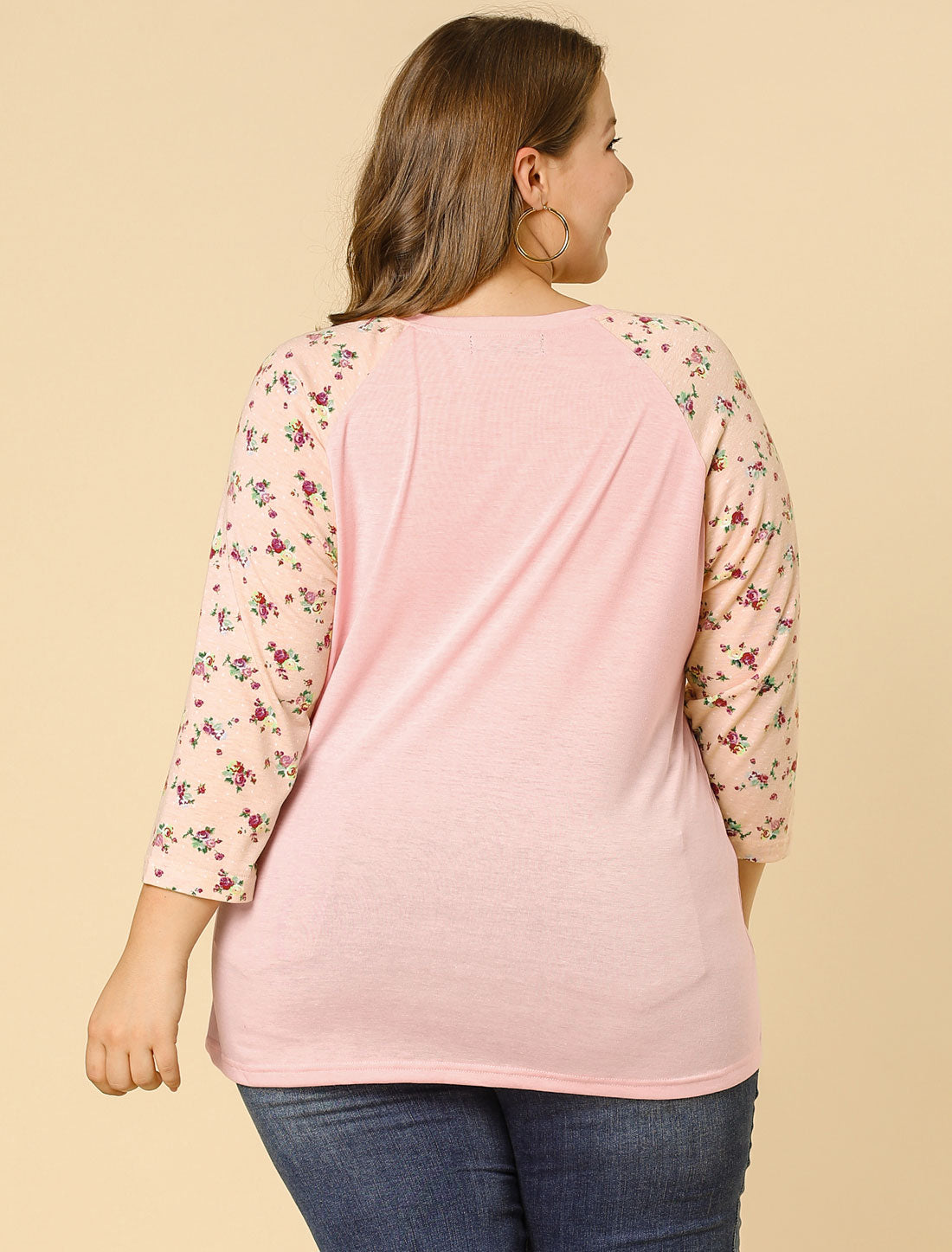 Women's Plus Size Top Casual V Neck 3/4 Sleeve Floral Raglan Top T-Shirt