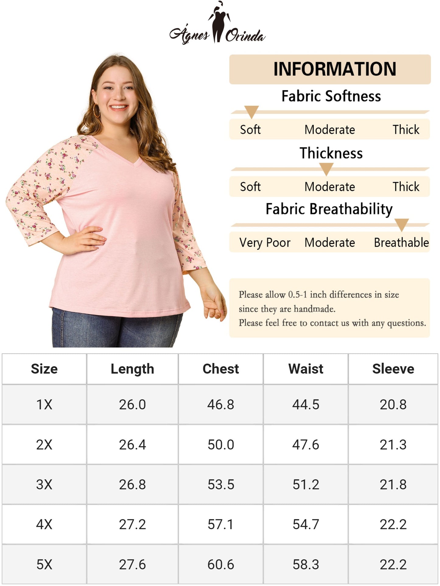 Women's Plus Size Top Casual V Neck 3/4 Sleeve Floral Raglan Top T-Shirt