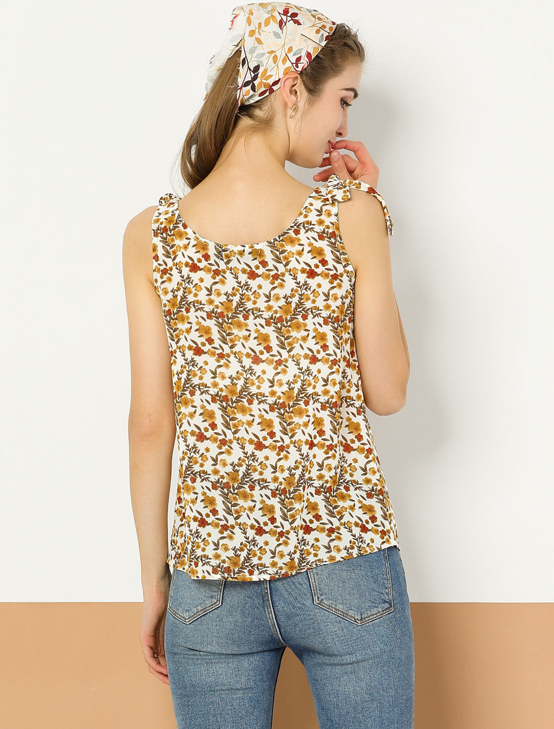 Women's Chiffon Floral Sleeveless Bow Tie Straps Boho Peasant Casual Vest Tank Top