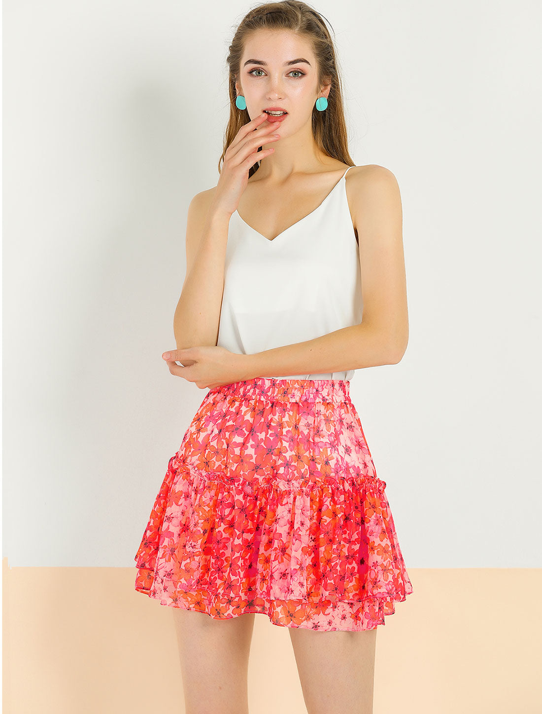 Women's Floral Print Skirt Elastic High Waist Layer Ruffle A-Line Mini Short Skirt