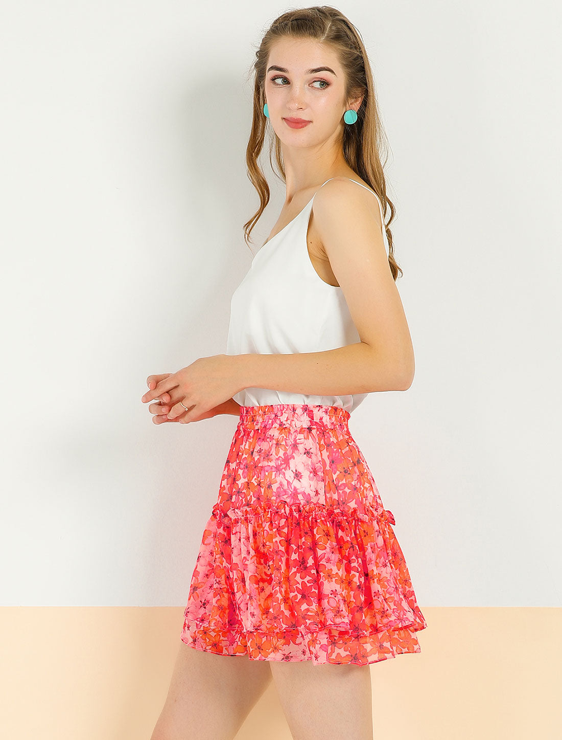 Women's Floral Print Skirt Elastic High Waist Layer Ruffle A-Line Mini Short Skirt