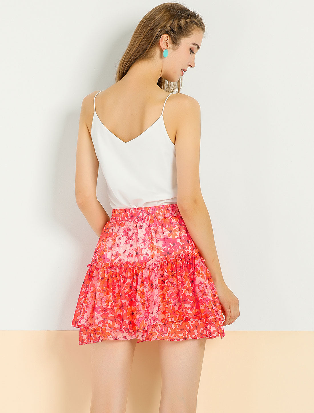 Women's Floral Print Skirt Elastic High Waist Layer Ruffle A-Line Mini Short Skirt