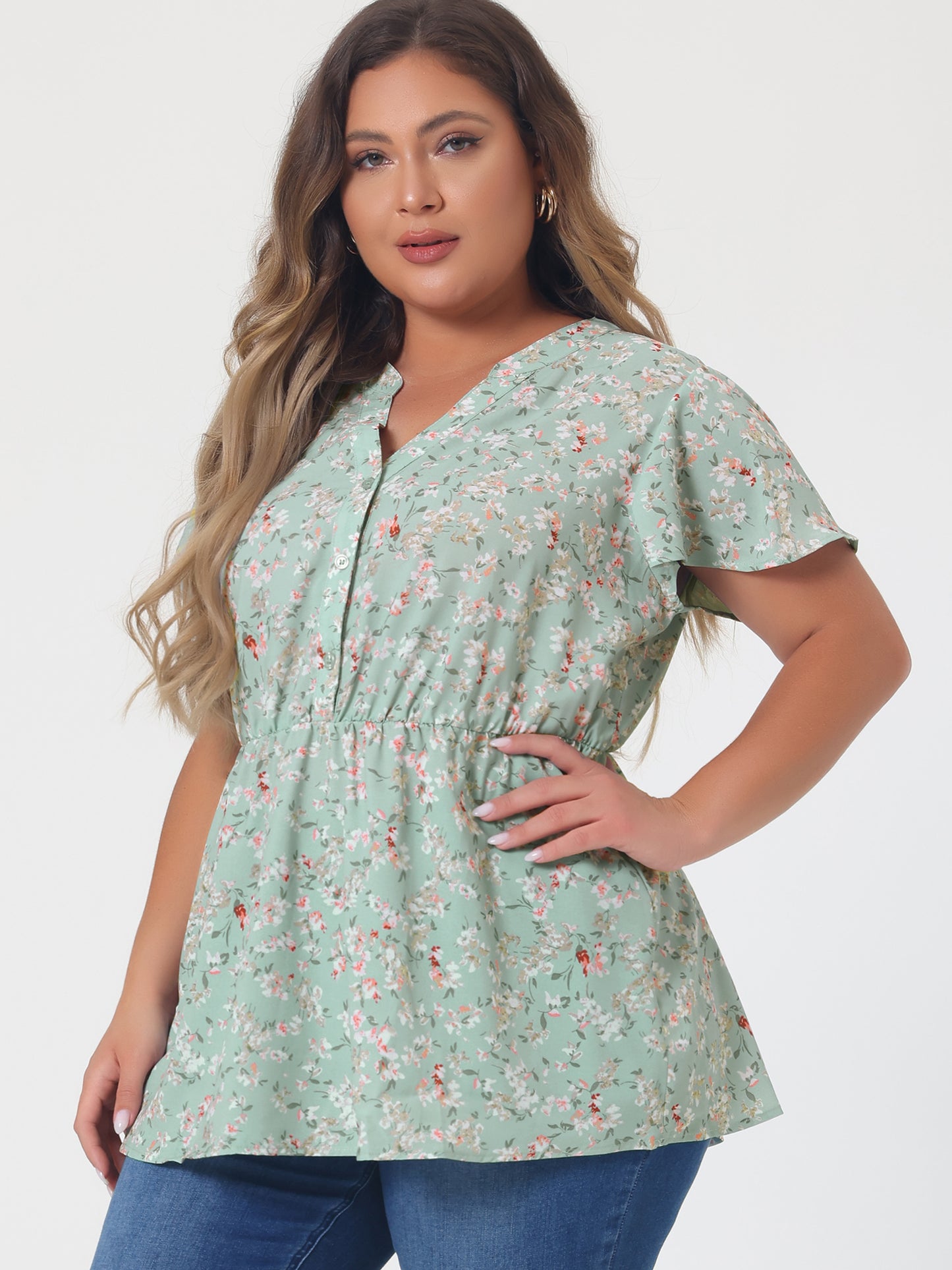Women's Plus Size Floral Tops Elastic Waist Lightweight Chiffon Blouses Summer Top