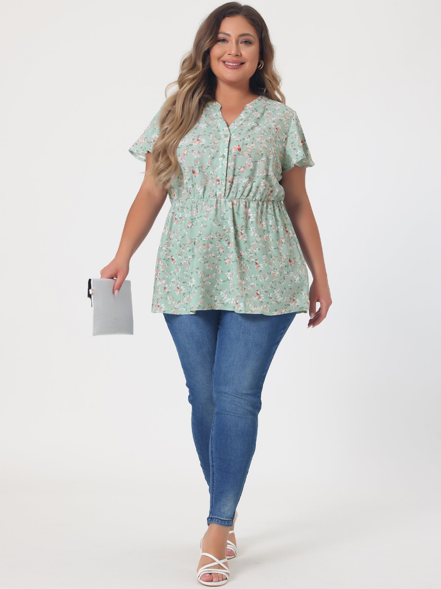 Women's Plus Size Floral Tops Elastic Waist Lightweight Chiffon Blouses Summer Top