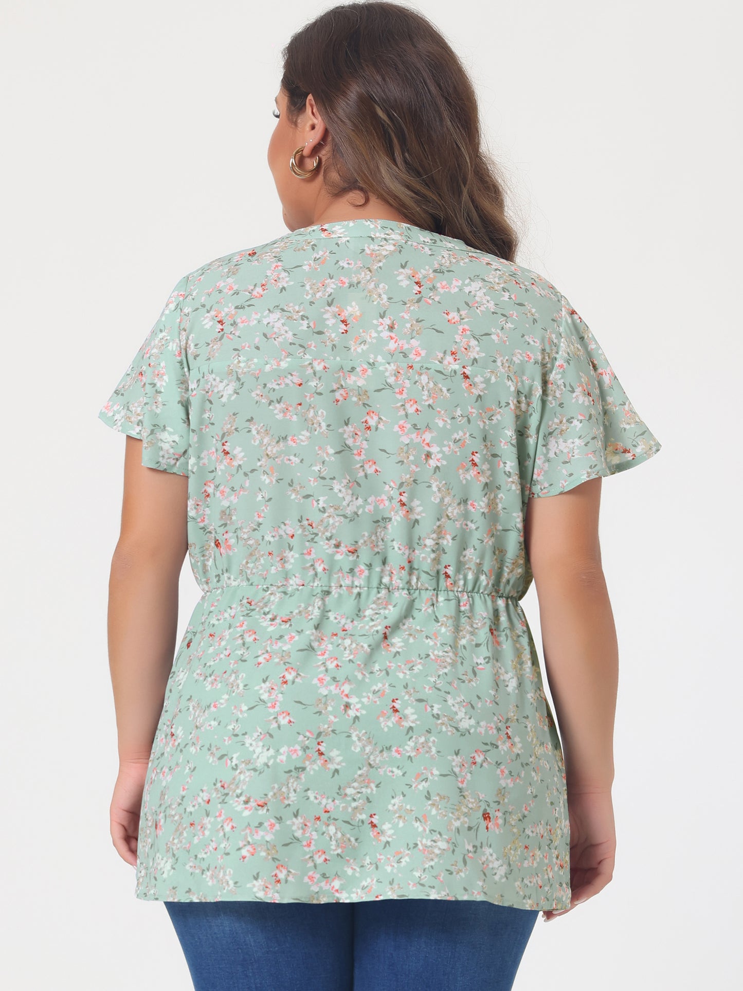Women's Plus Size Floral Tops Elastic Waist Lightweight Chiffon Blouses Summer Top