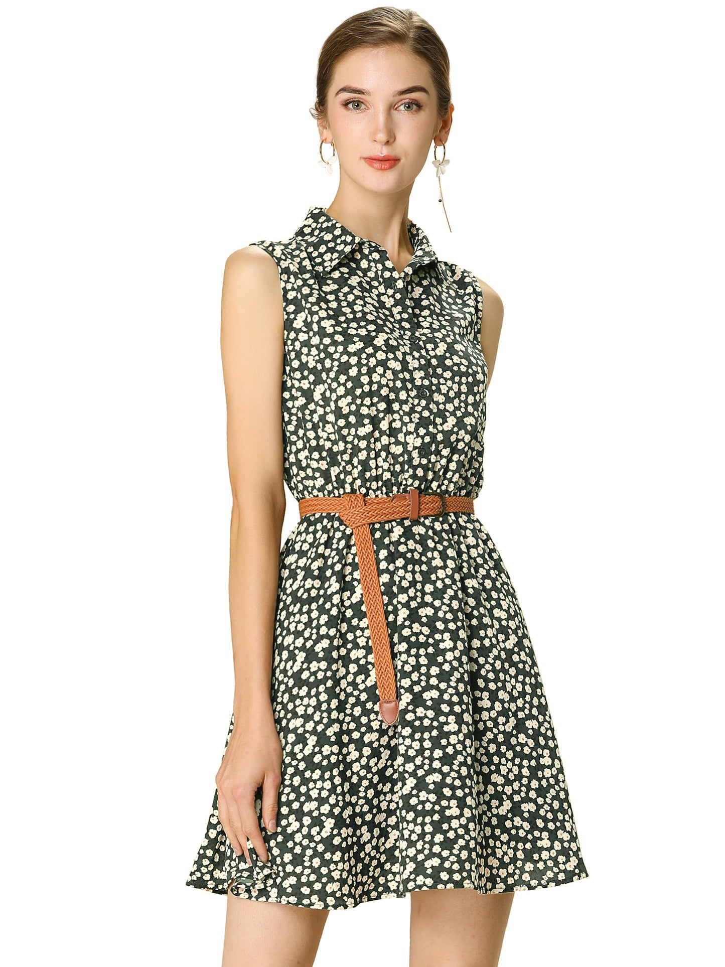 Women's Floral Printed Half Placket Above Knee Summer Sleeveless Belted Dress