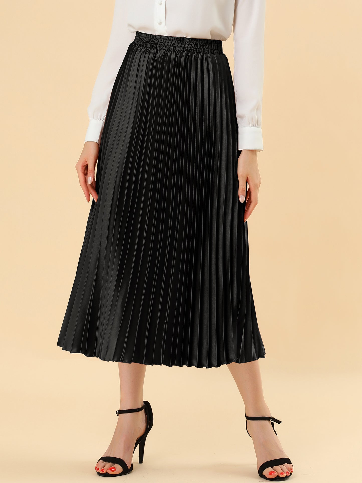 Women's Pleated Midi Skirt Elastic Waist Metallic Shiny Accordion Elegant Skirt (Available in Plus Size)