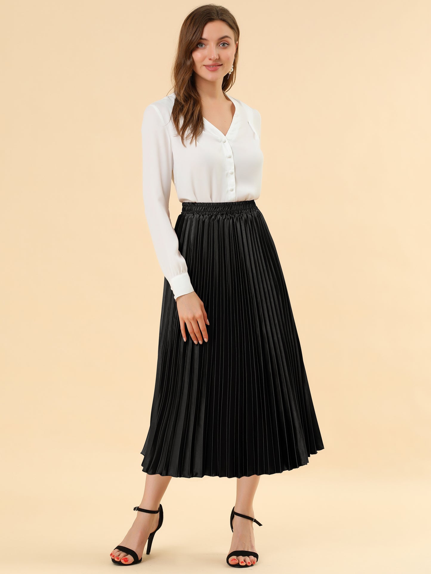 Women's Pleated Midi Skirt Elastic Waist Metallic Shiny Accordion Elegant Skirt (Available in Plus Size)