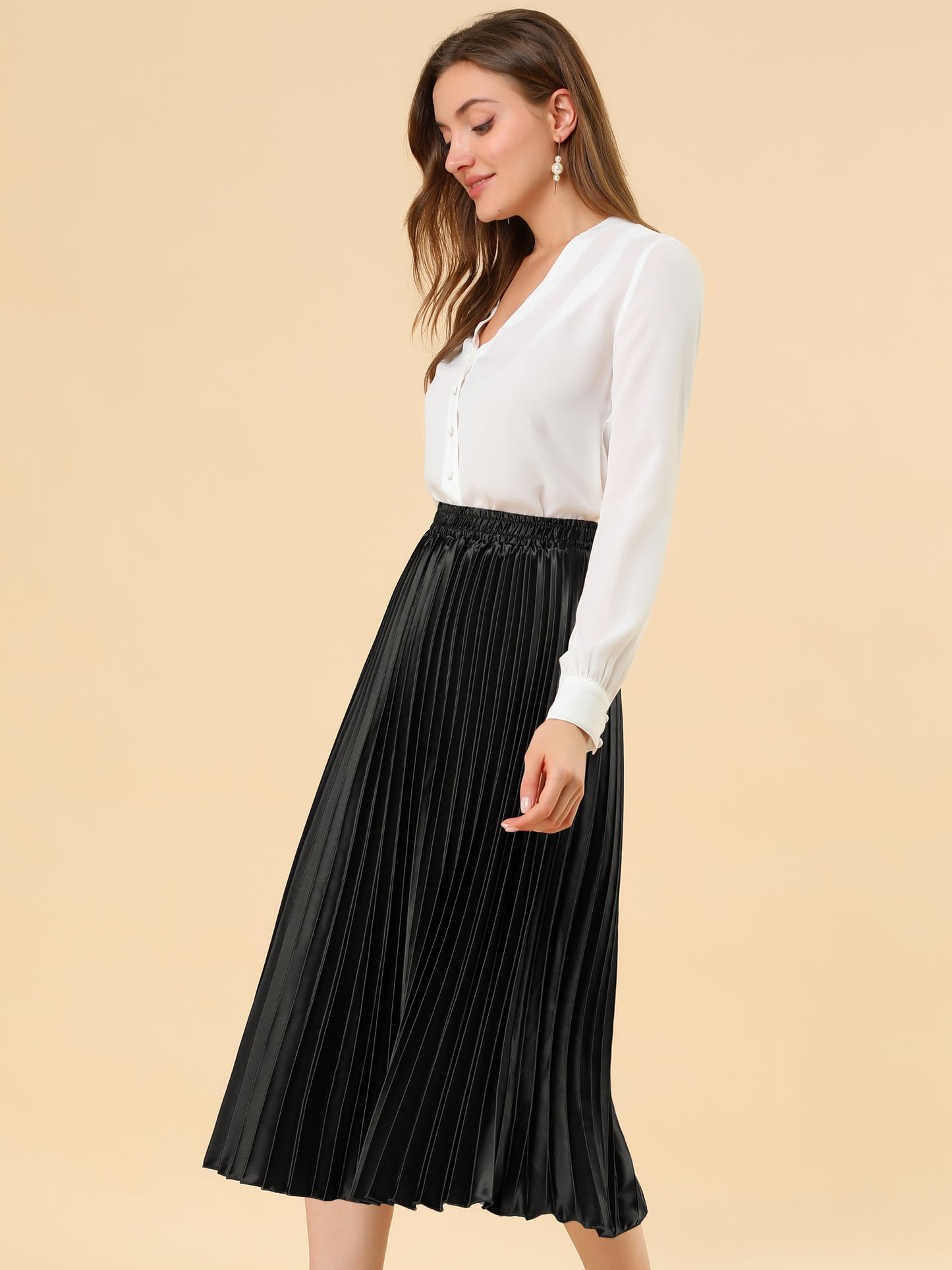 Women's Pleated Midi Skirt Elastic Waist Metallic Shiny Accordion Elegant Skirt (Available in Plus Size)