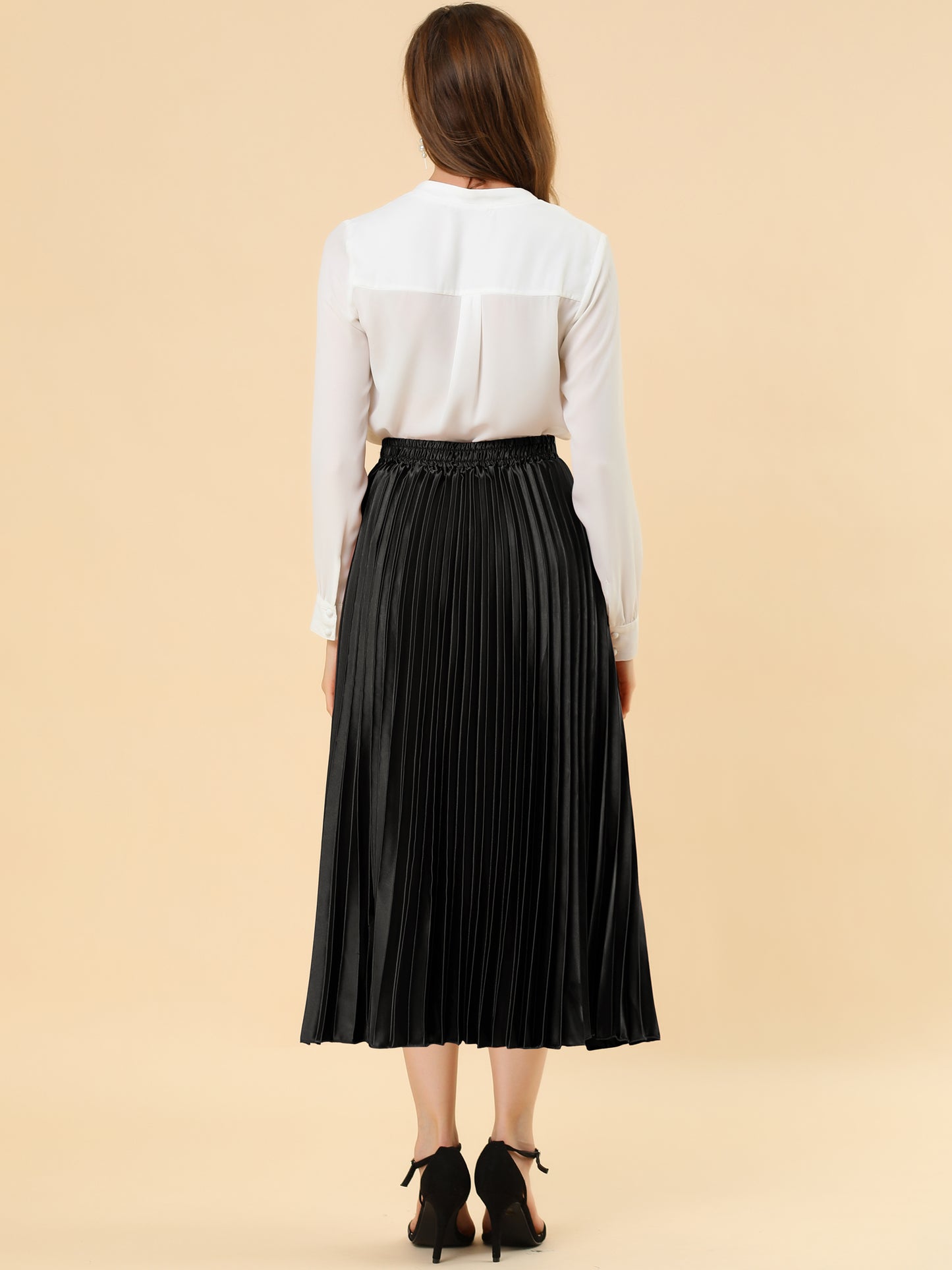 Women's Pleated Midi Skirt Elastic Waist Metallic Shiny Accordion Elegant Skirt (Available in Plus Size)