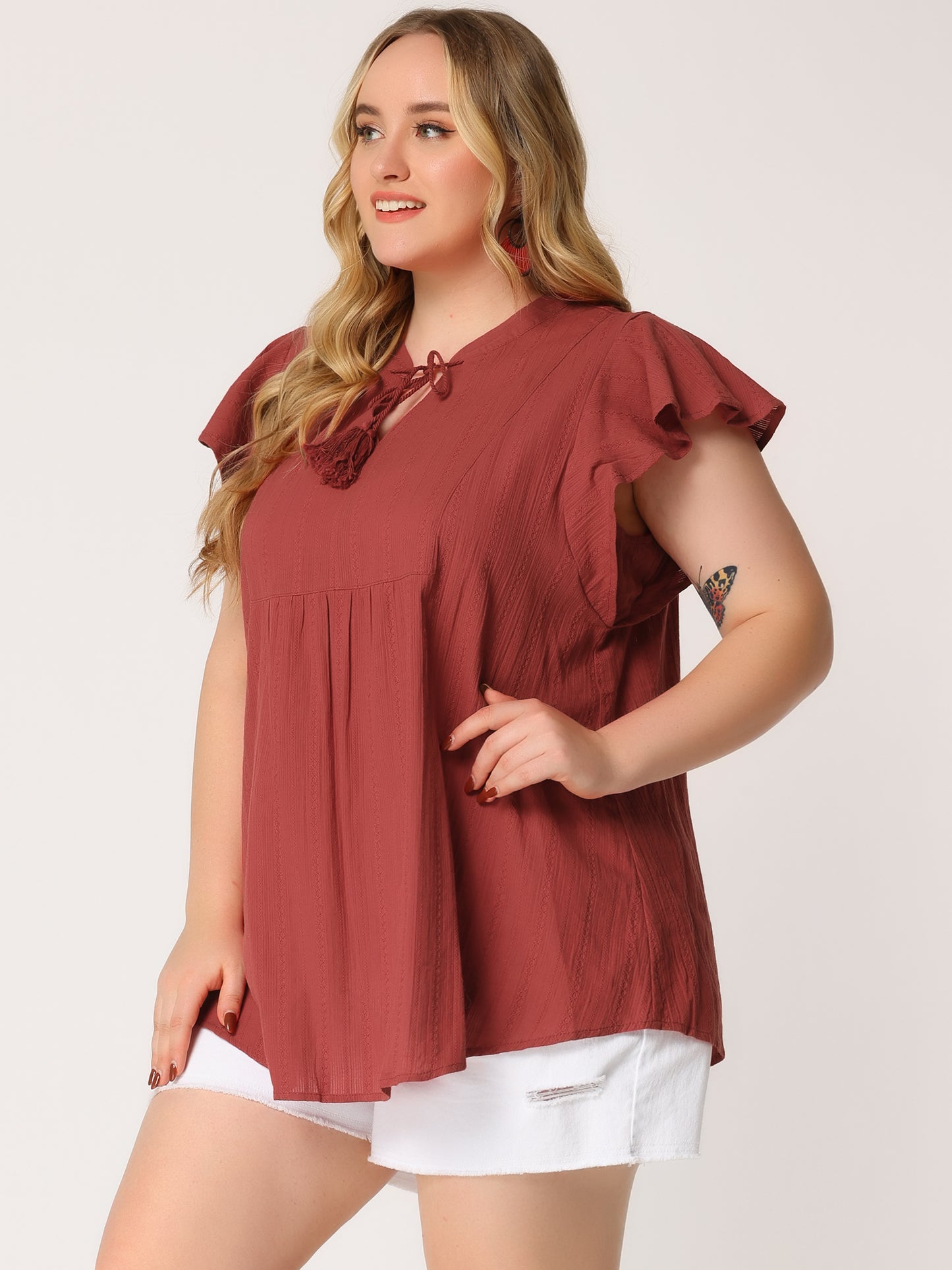 Women Plus Size V Neck Tassel Self Tie Flutter Short Sleeve Blouse Flowy Summer Top