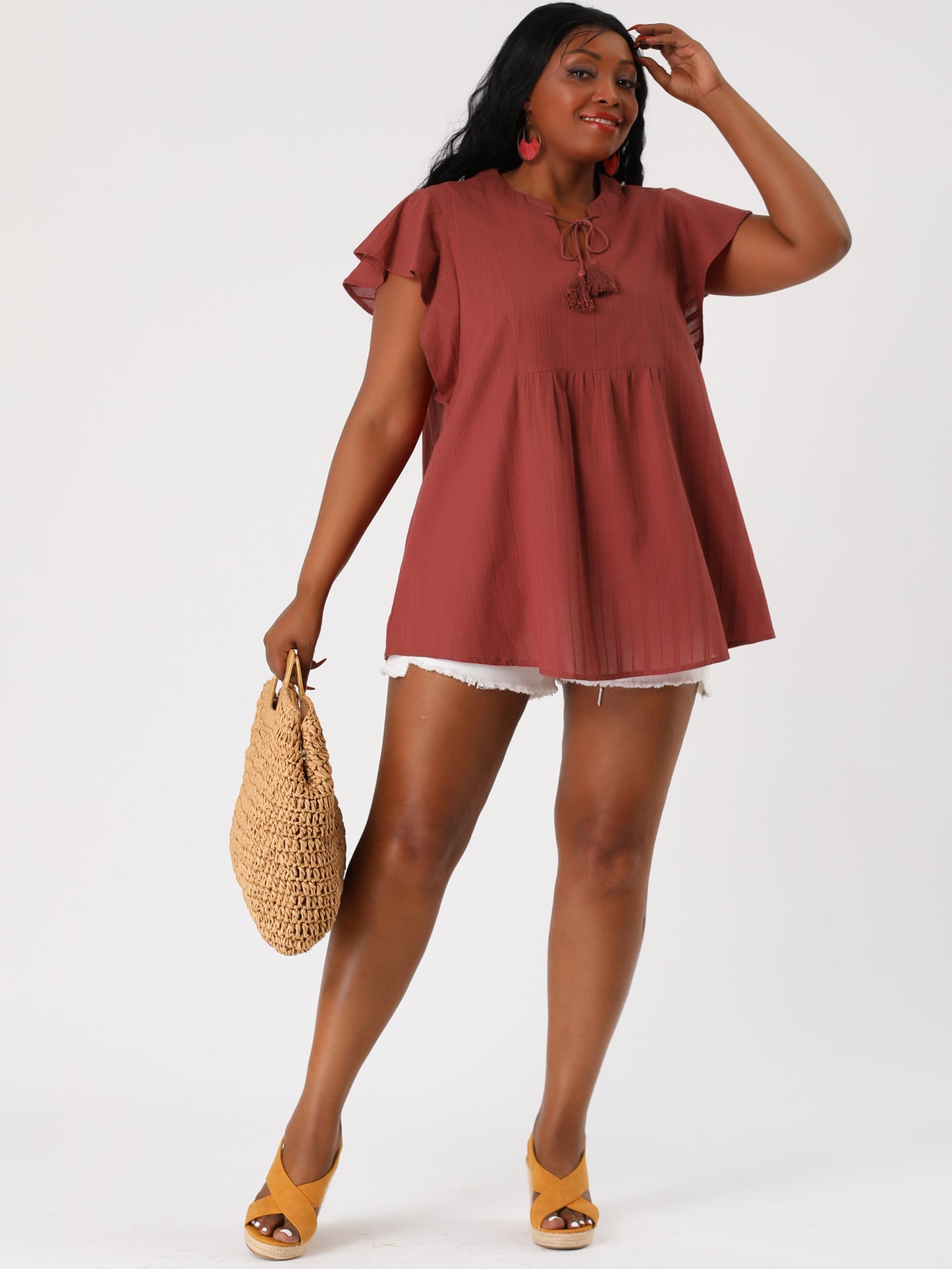 Women Plus Size V Neck Tassel Self Tie Flutter Short Sleeve Blouse Flowy Summer Top