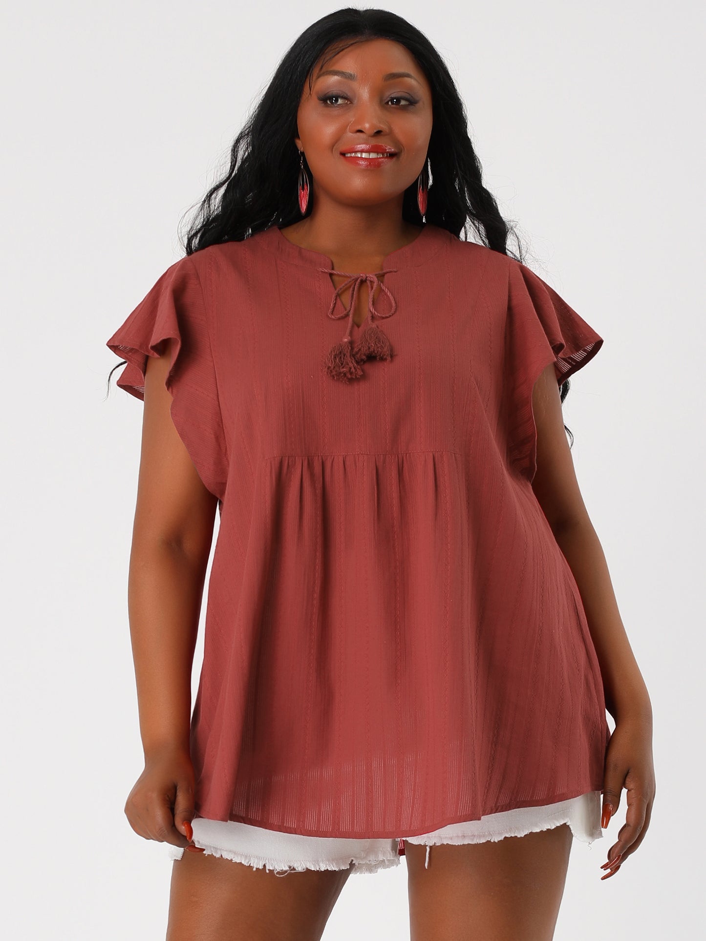 Women Plus Size V Neck Tassel Self Tie Flutter Short Sleeve Blouse Flowy Summer Top