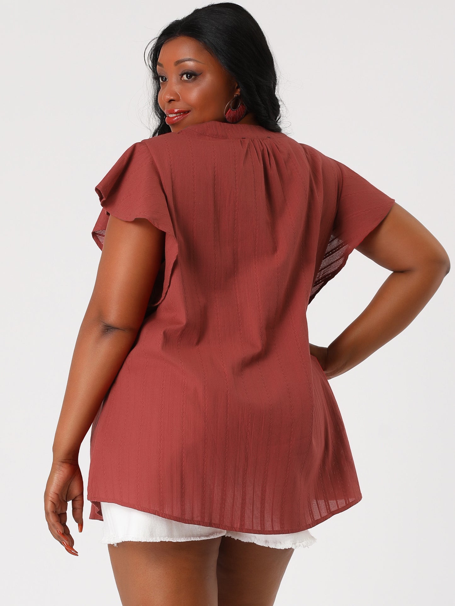 Women Plus Size V Neck Tassel Self Tie Flutter Short Sleeve Blouse Flowy Summer Top