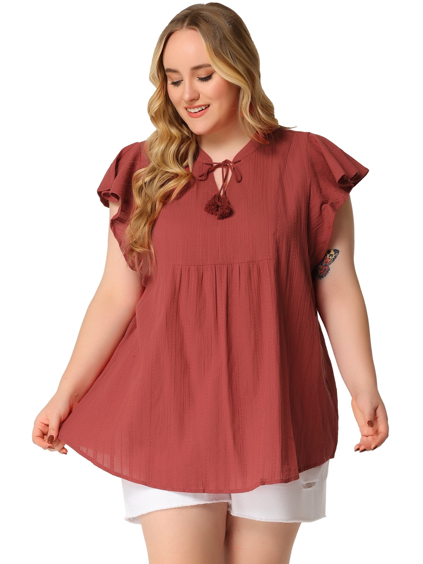 Women Plus Size V Neck Tassel Self Tie Flutter Short Sleeve Blouse Flowy Summer Top