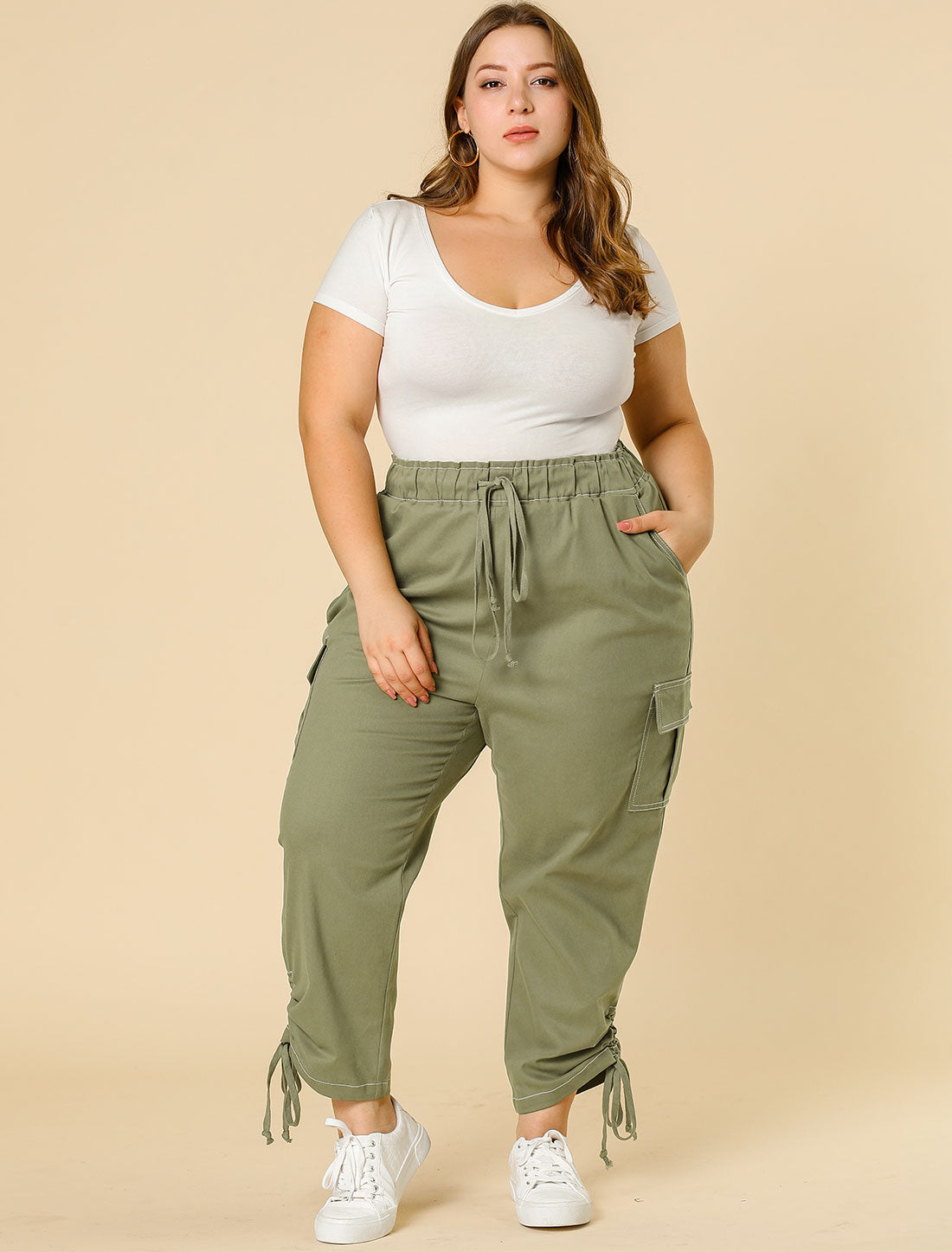 Women's Plus Size Drawstring Elastic Waist Cargo Pants with Pocket