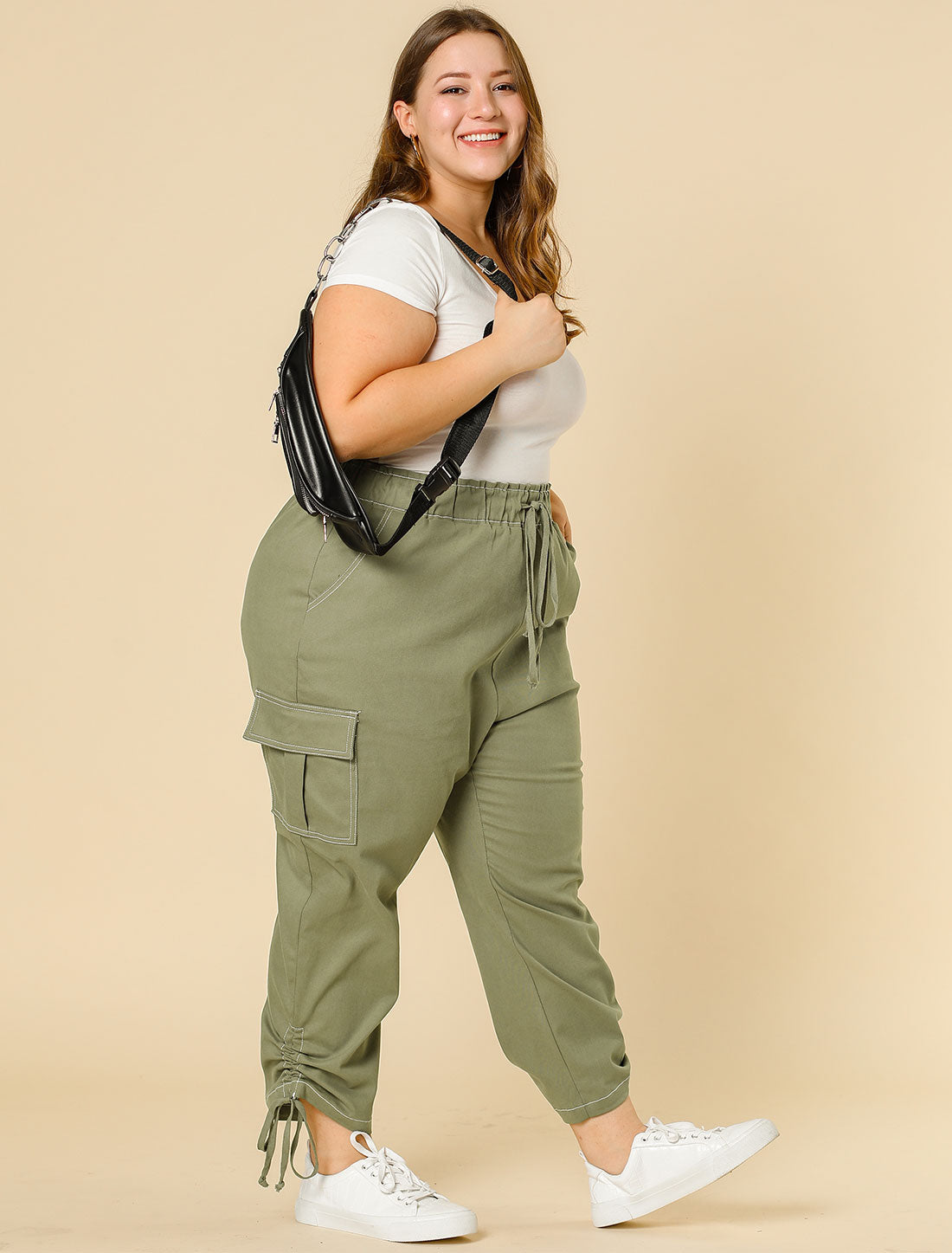 Women's Plus Size Drawstring Elastic Waist Cargo Pants with Pocket