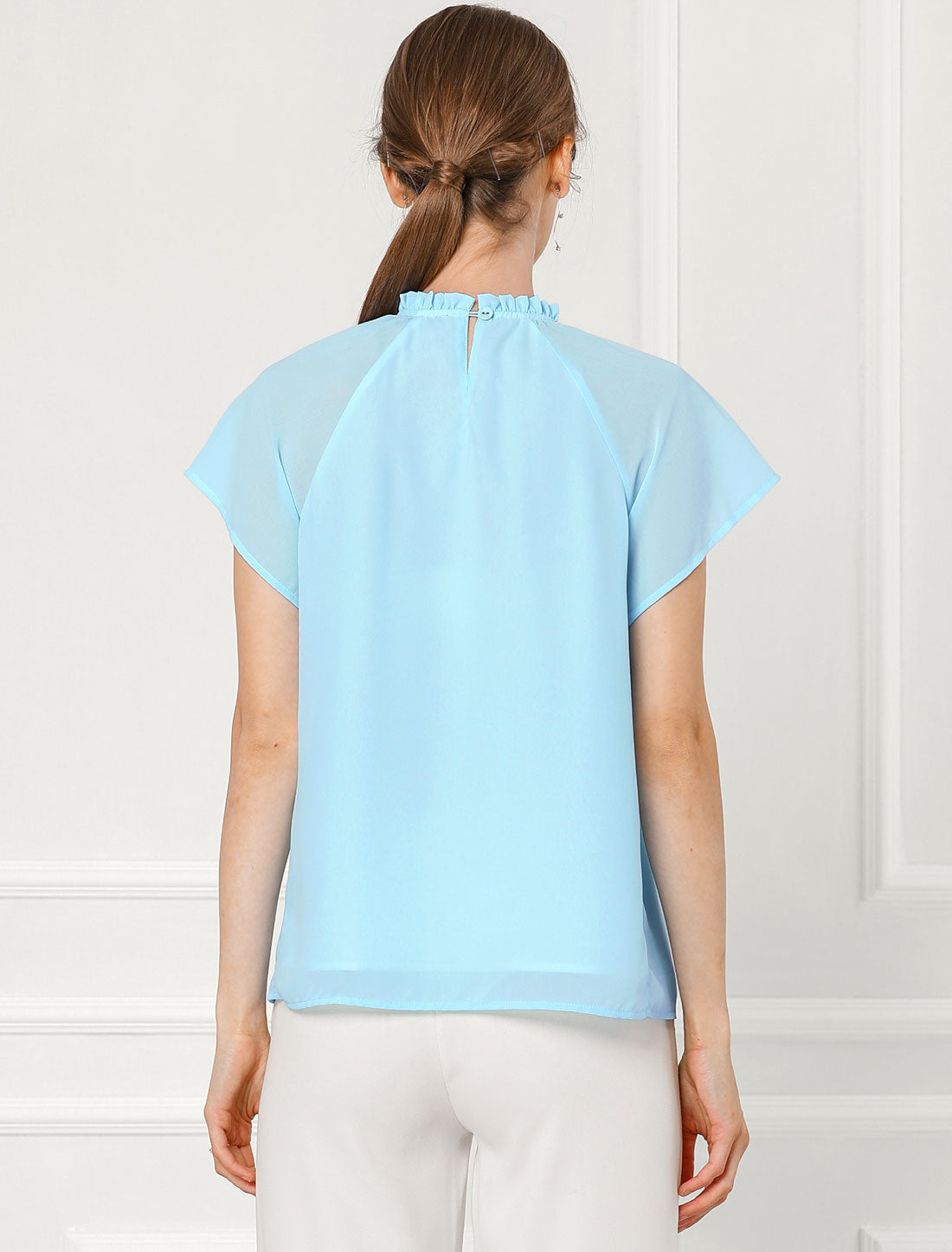 Women's Chiffon Ruffle Collar Short Sleeve Blouse Top