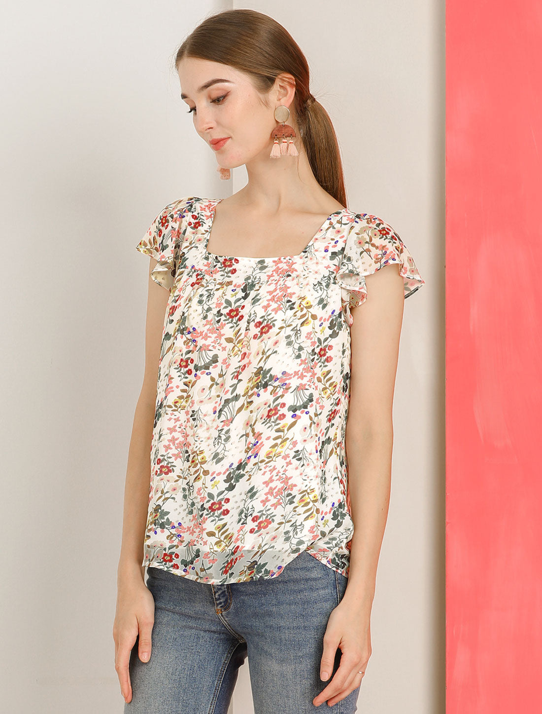 Women's Floral Blouse Summer Casual Square Neck Chiffon Short Sleeve Ruffle Top (Available in Plus Size)