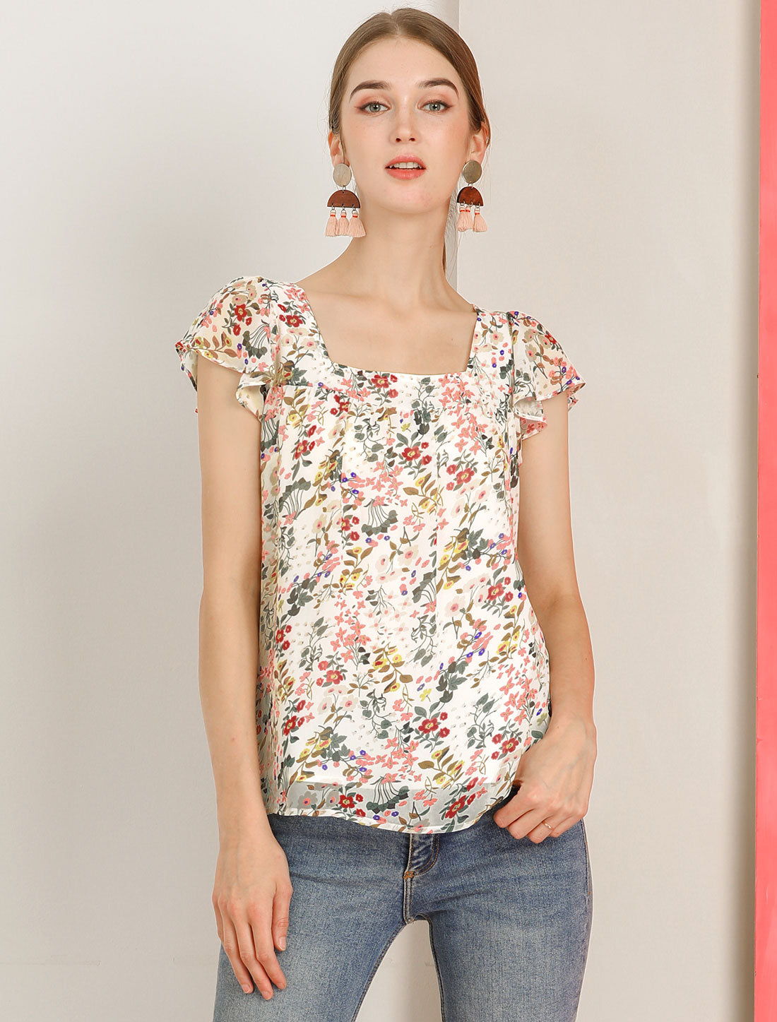 Women's Floral Blouse Summer Casual Square Neck Chiffon Short Sleeve Ruffle Top (Available in Plus Size)