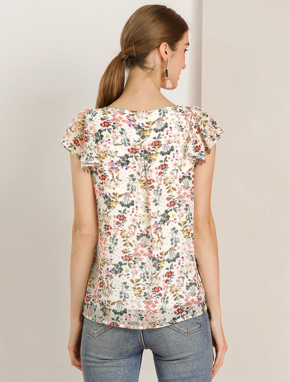 Women's Floral Blouse Summer Casual Square Neck Chiffon Short Sleeve Ruffle Top (Available in Plus Size)