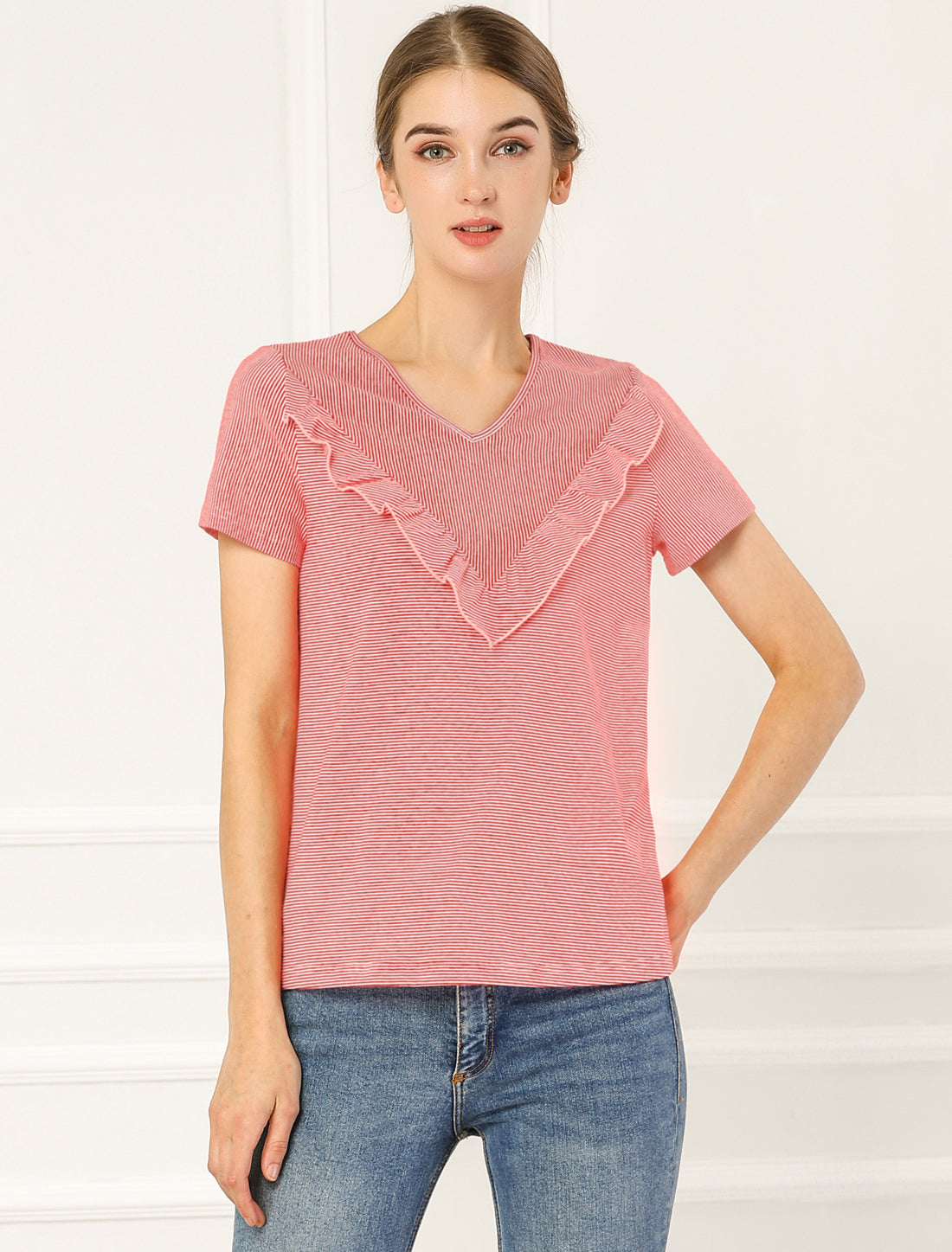 Blusa informal de rayas de manga corta con cuello en V y volantes para mujer