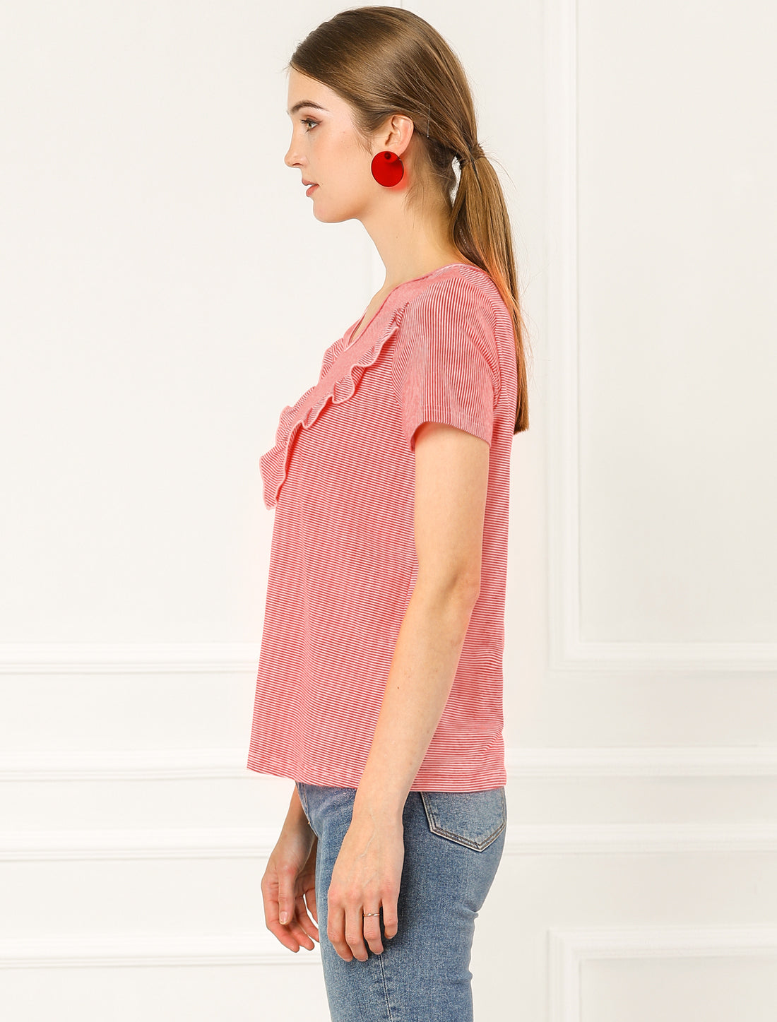 Blusa informal de rayas de manga corta con cuello en V y volantes para mujer