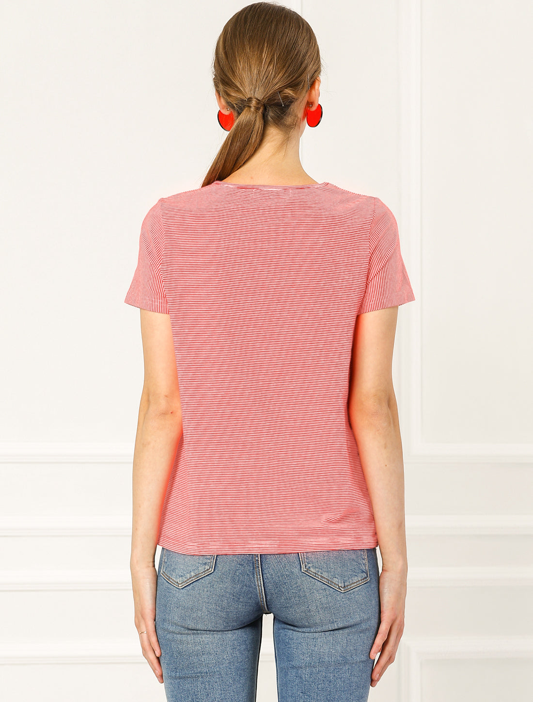 Blusa informal de rayas de manga corta con cuello en V y volantes para mujer