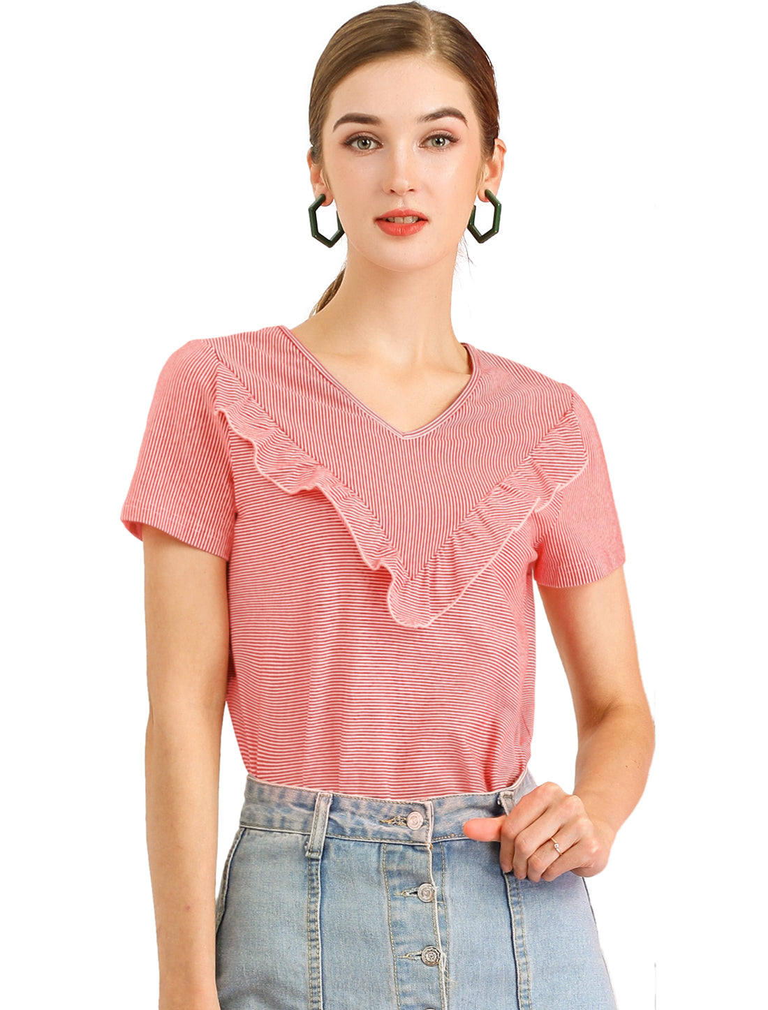 Blusa informal de rayas de manga corta con cuello en V y volantes para mujer