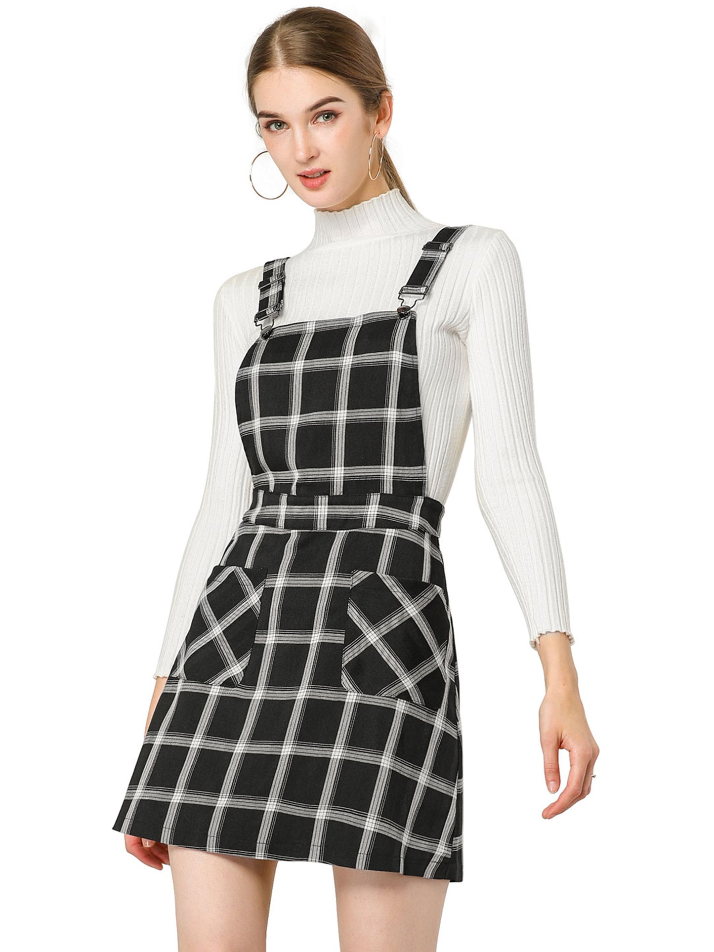 Women's Adjustable Strap Above Knee Plaid Printed Overall Dress Suspender Skirt