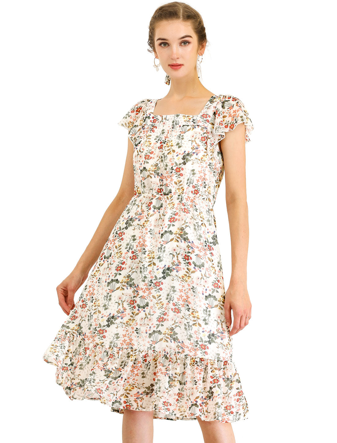 Women's Midi Floral Chiffon Dress Flutter Sleeve Belted Square Neck Ruffled Dress (Available in Plus Size)