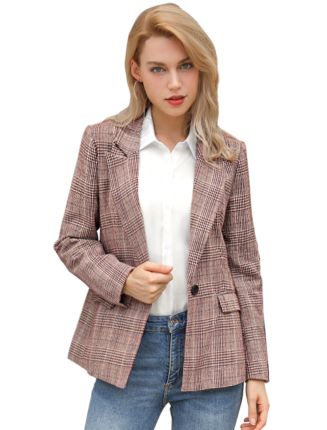 Women's Notched Lapel One Button Plaid Blazer Suit Jacket
