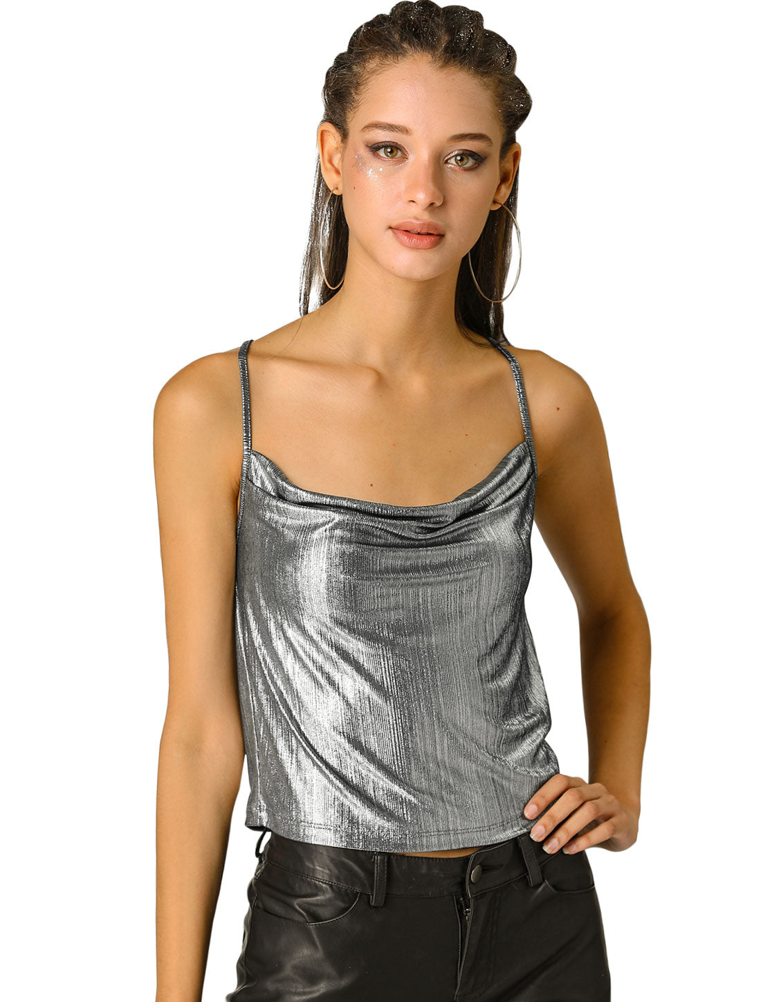Women's Metallic Glitter Spaghetti Strap Camisole Cowl Neck Sparkly Club Top
