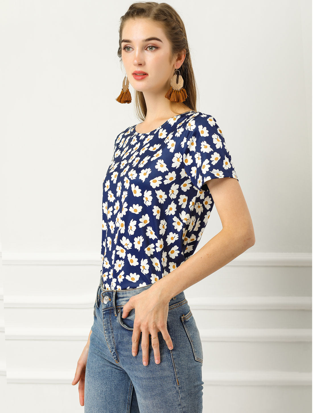 Women's Daisy Floral Top Crew Neck Short Sleeve Summer T-Shirt