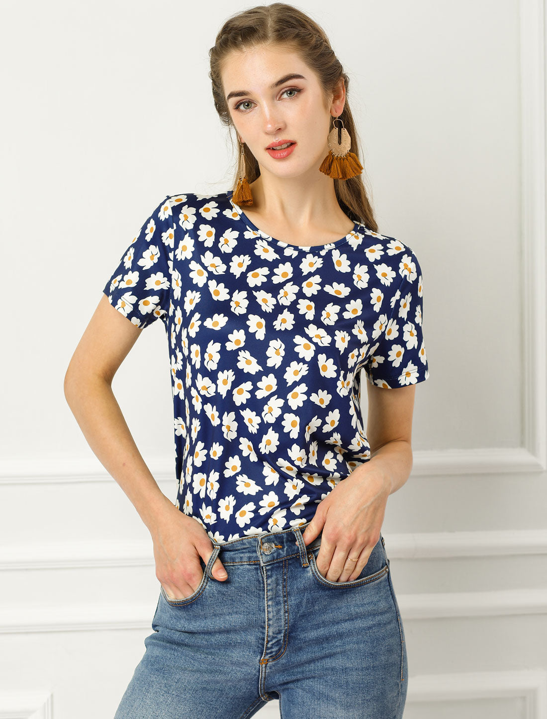 Women's Daisy Floral Top Crew Neck Short Sleeve Summer T-Shirt