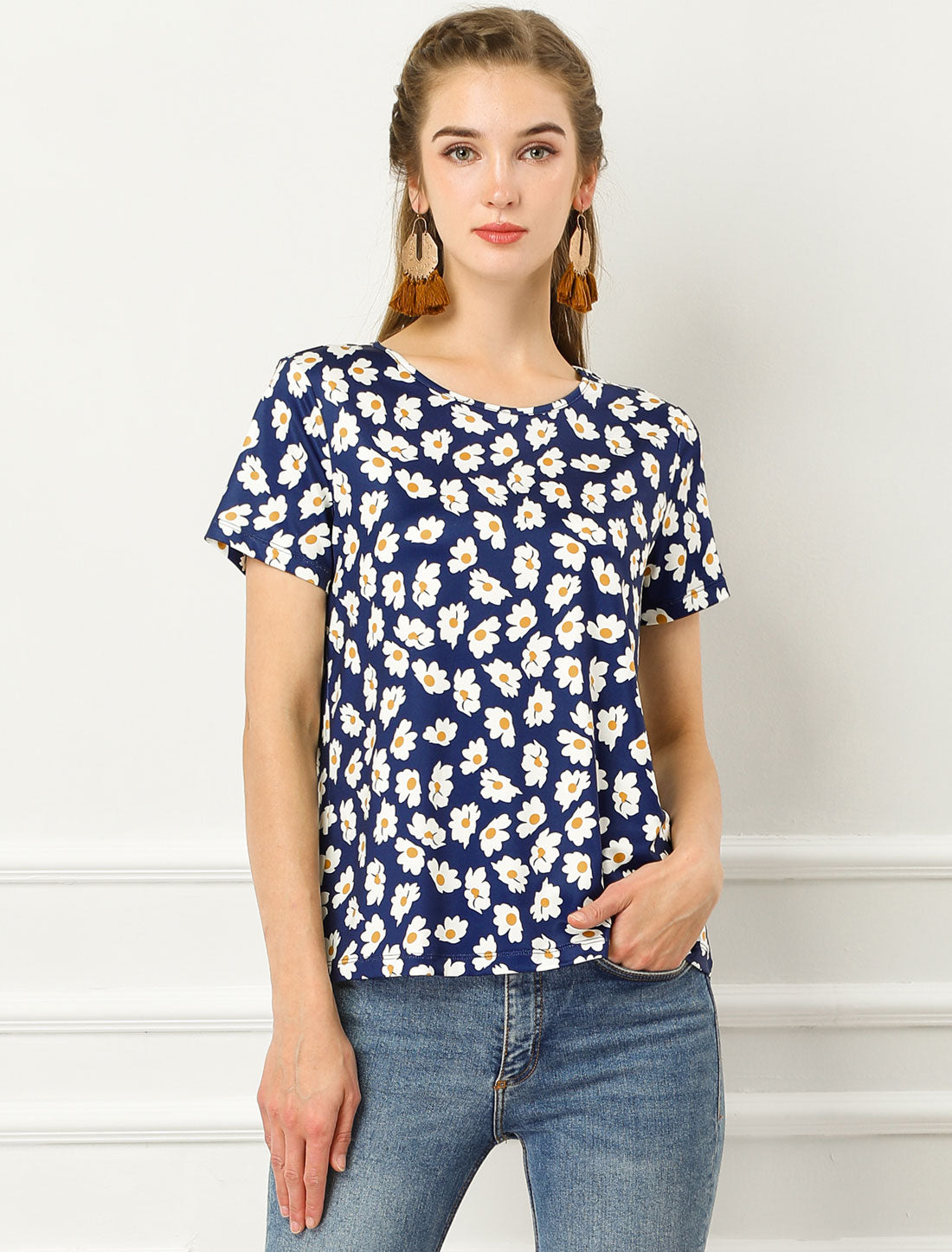Women's Daisy Floral Top Crew Neck Short Sleeve Summer T-Shirt