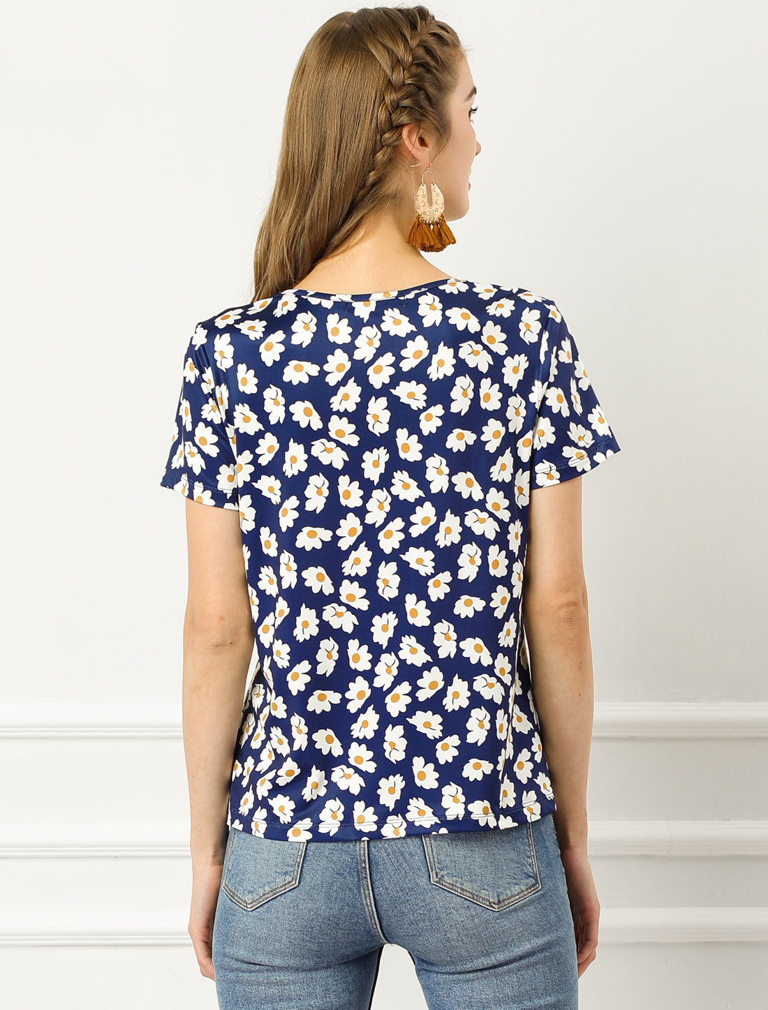 Women's Daisy Floral Top Crew Neck Short Sleeve Summer T-Shirt