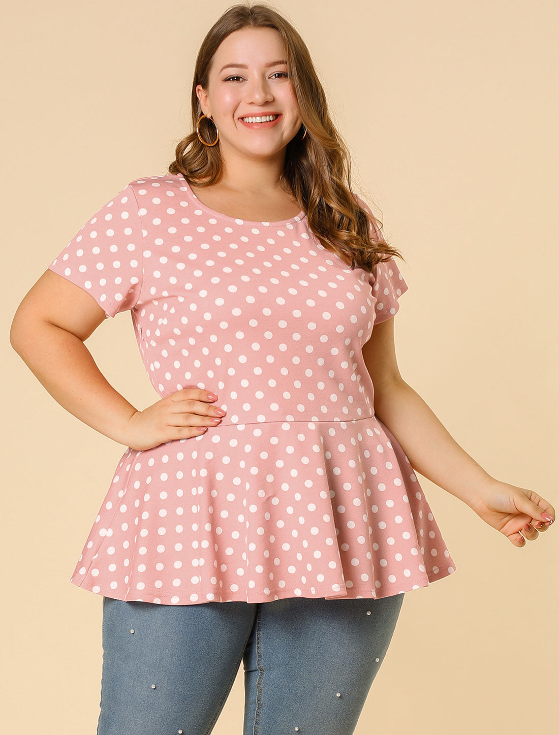 Women's Plus Size Short Sleeve Polka Dots Peplum Top
