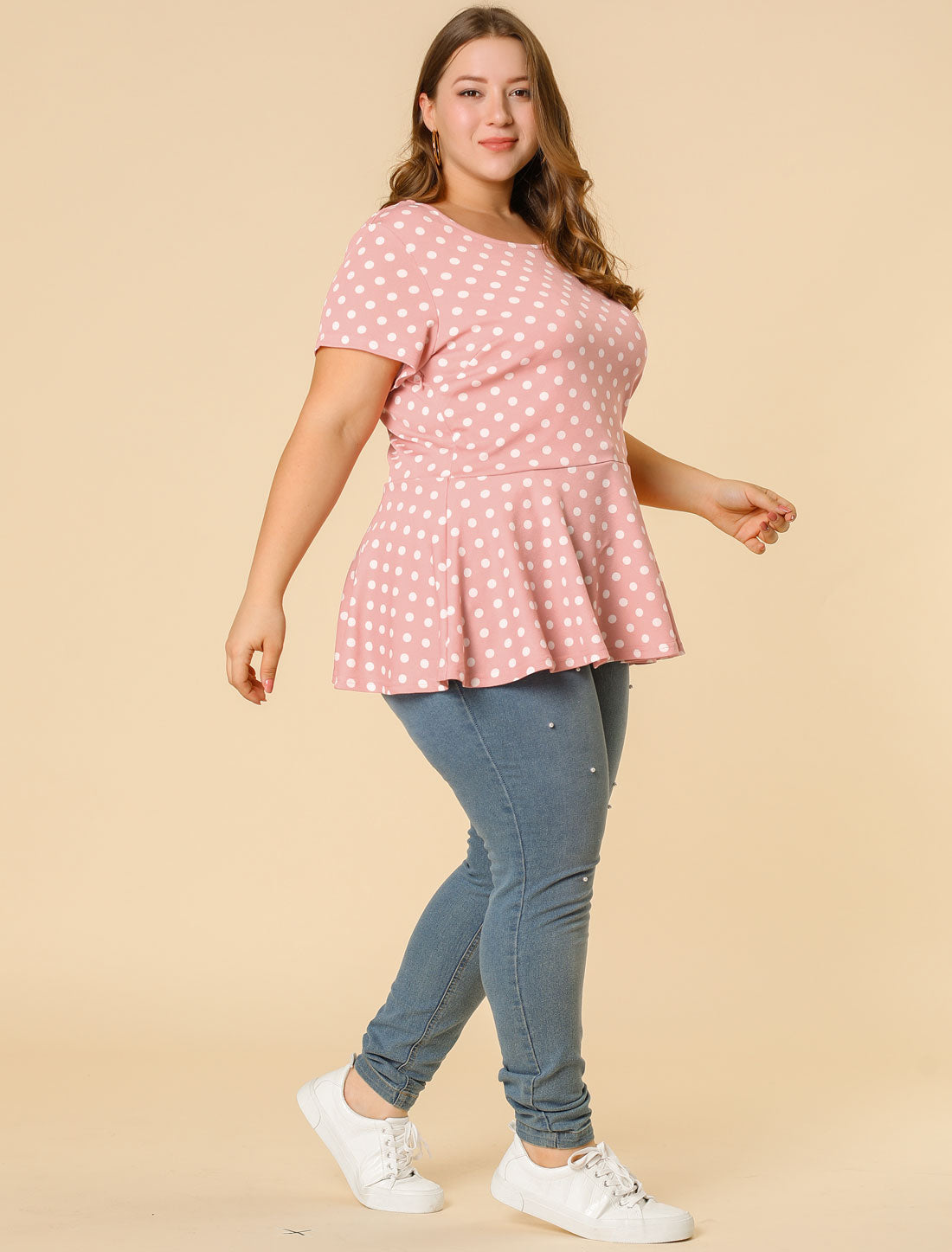 Women's Plus Size Short Sleeve Polka Dots Peplum Top