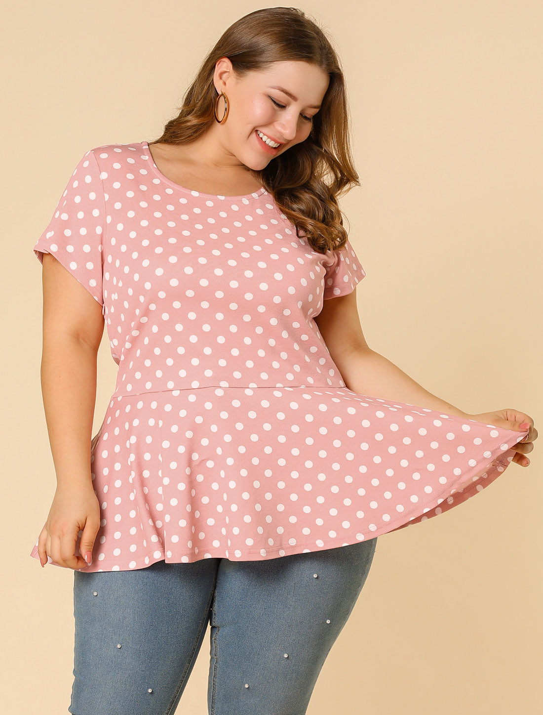 Women's Plus Size Short Sleeve Polka Dots Peplum Top