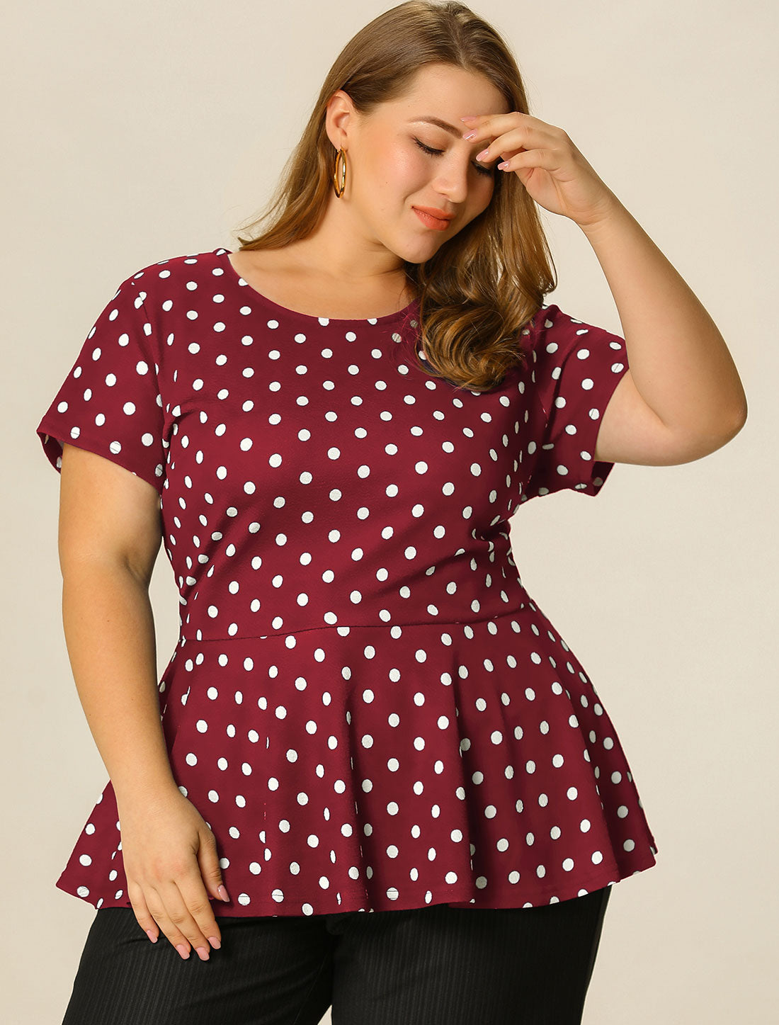 Women's Plus Size Short Sleeve Polka Dots Peplum Top
