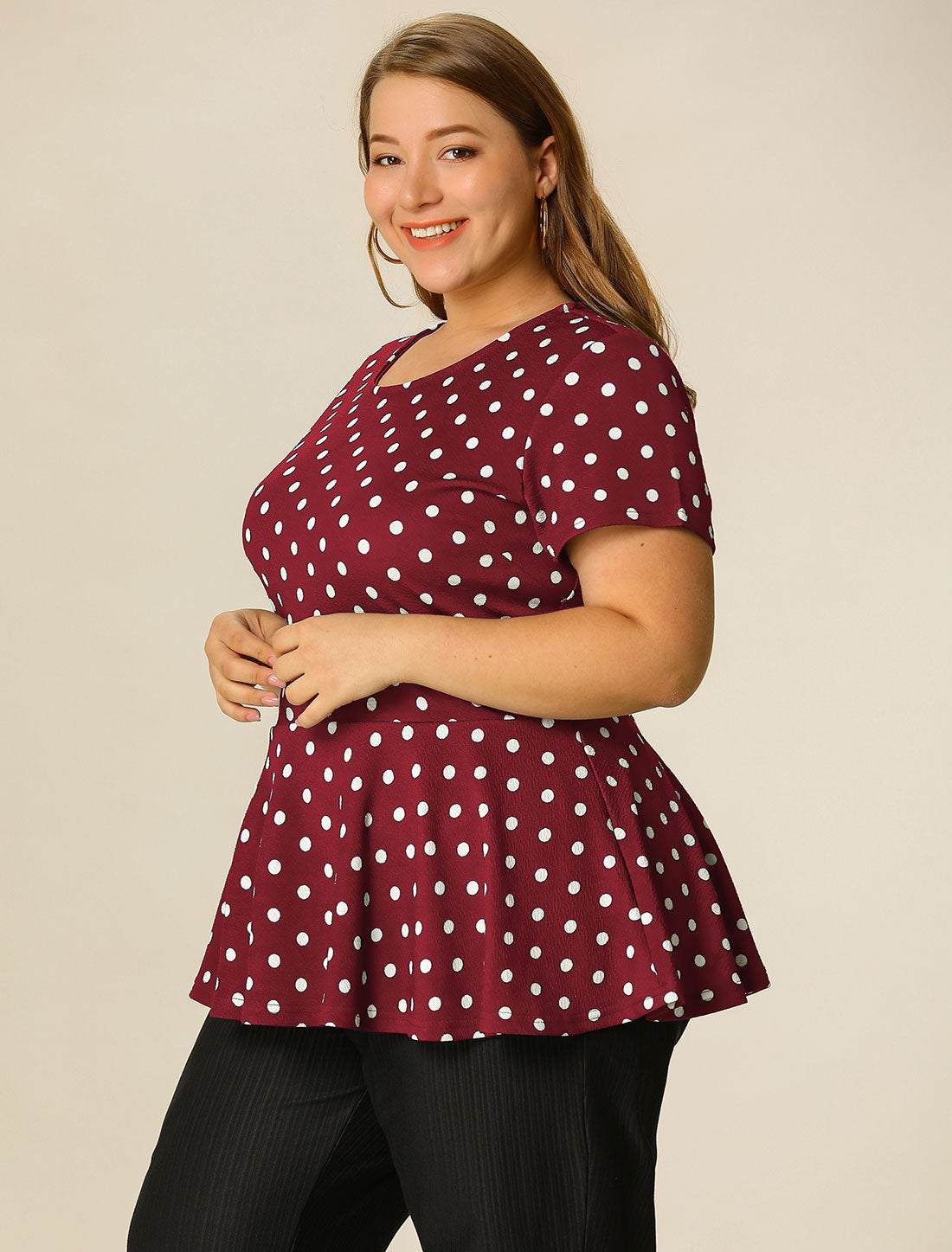 Women's Plus Size Short Sleeve Polka Dots Peplum Top