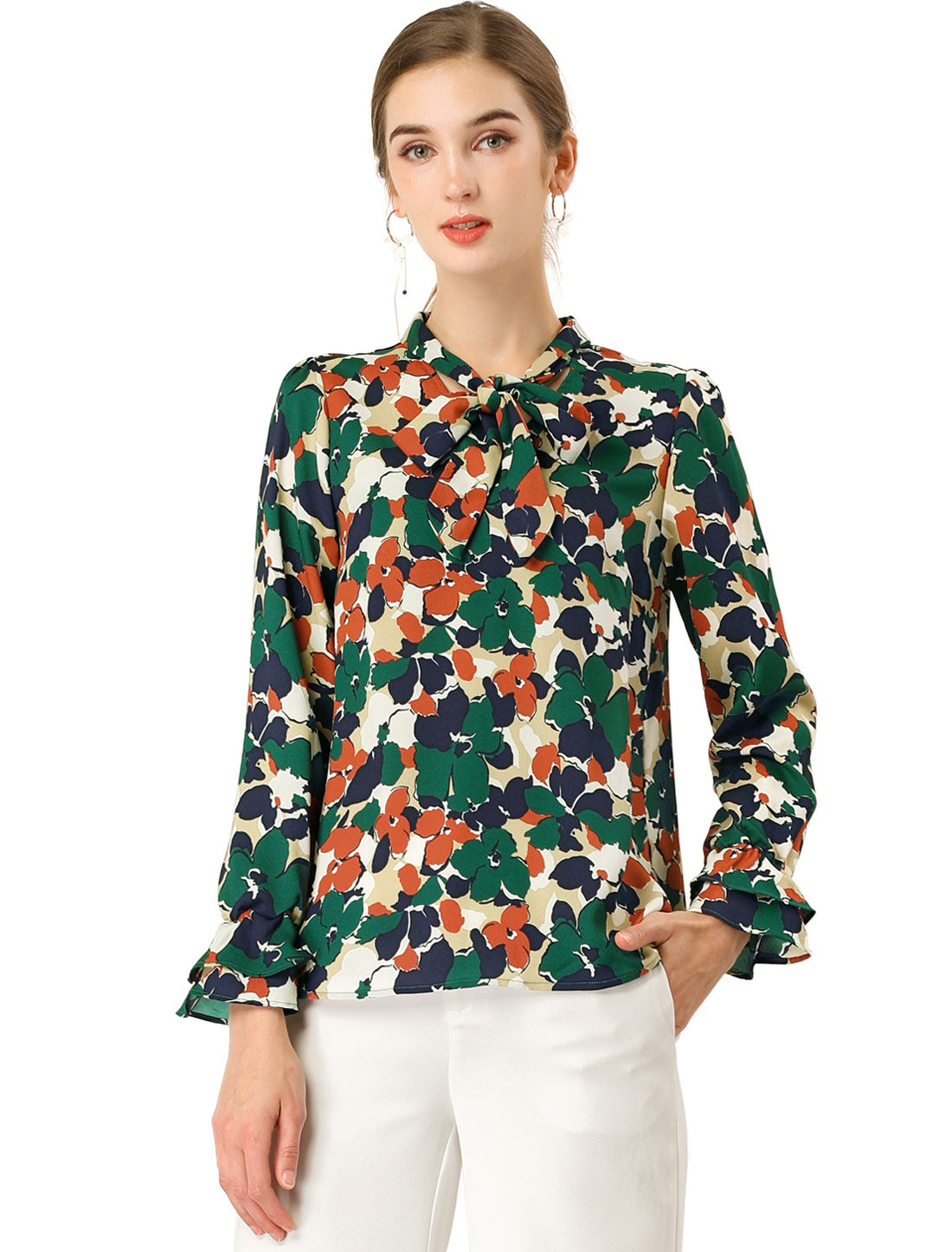 Women's Long Sleeve Blouse Floral Tie Neck Chiffon Ruffle Top