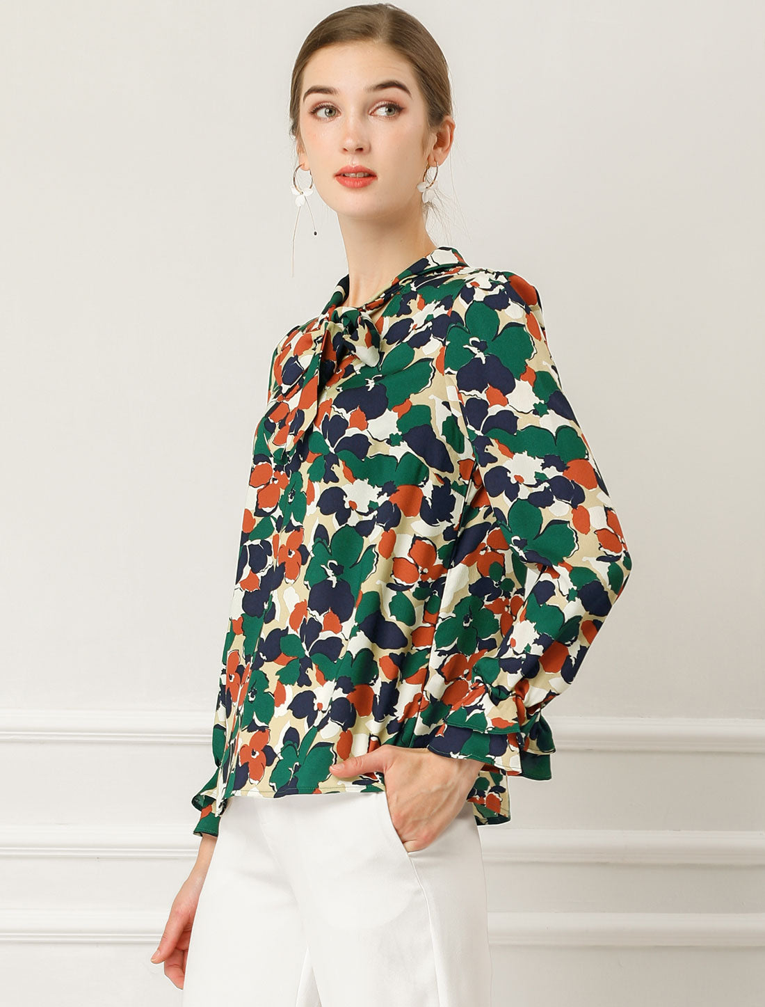 Women's Long Sleeve Blouse Floral Tie Neck Chiffon Ruffle Top