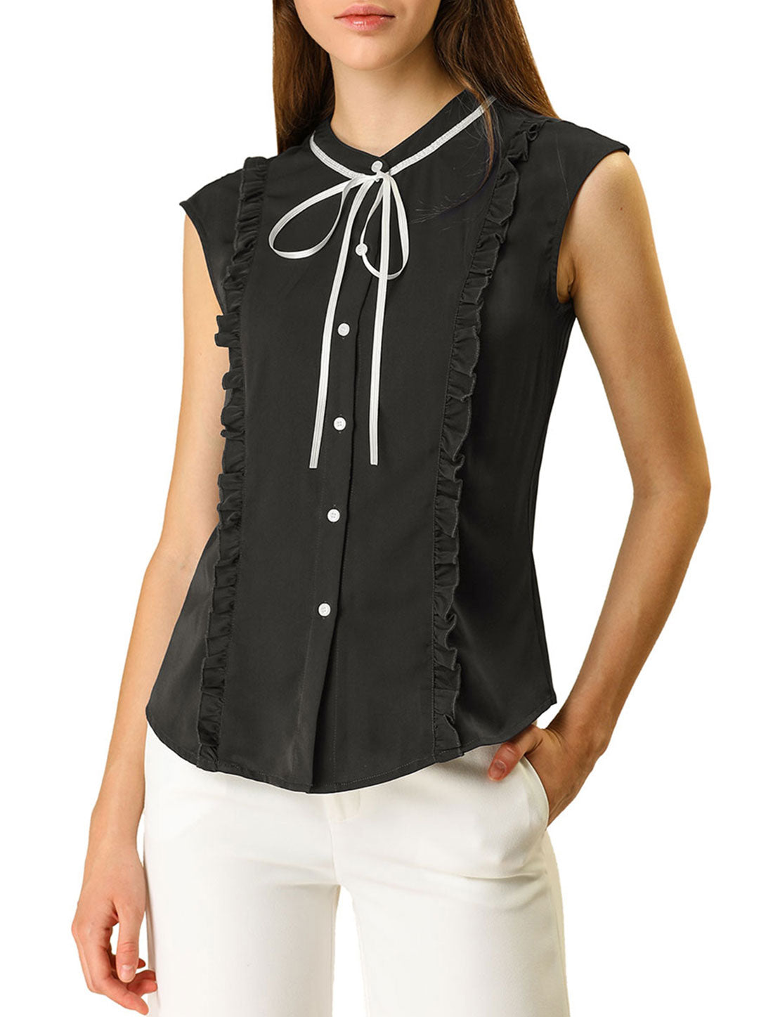 Women's Summer Tie Neck Ruffle Sleeveless Button Down Blouse Shirt