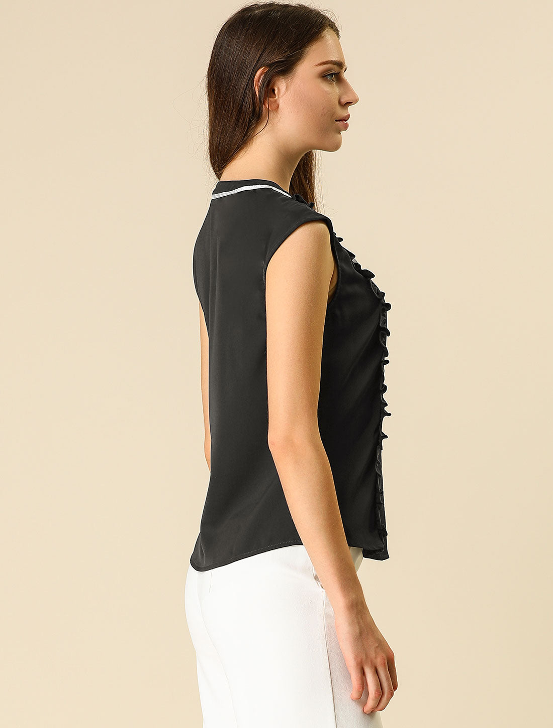 Women's Summer Tie Neck Ruffle Sleeveless Button Down Blouse Shirt